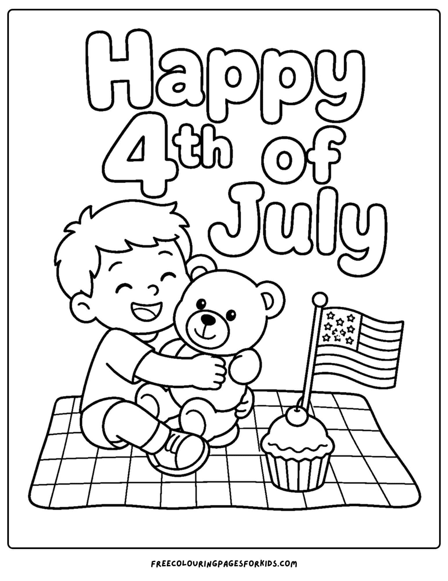 a 4th of july coloring page showing a child hugging a teddy on a picnic blanket