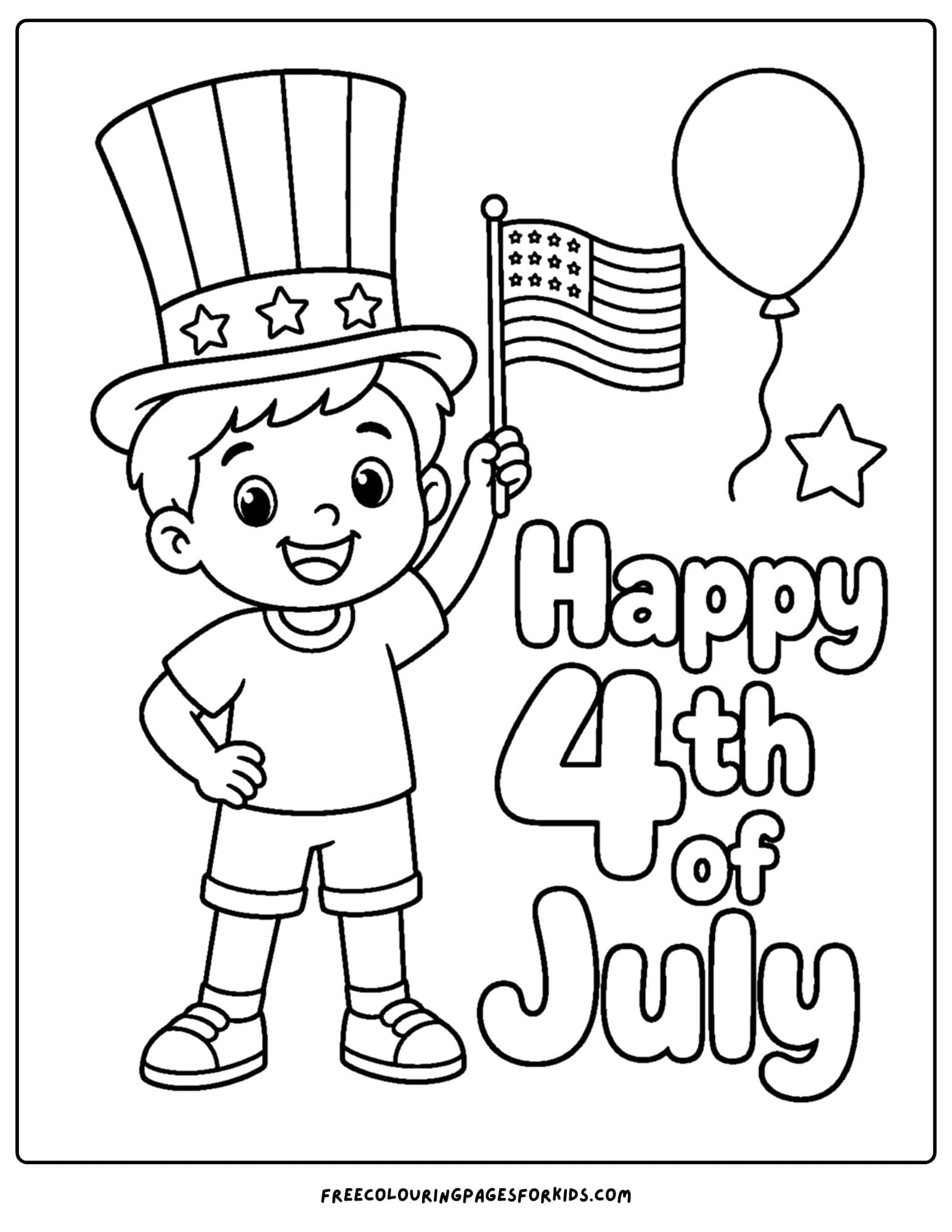 a 4th of july coloring page showing a child wearing an uncle sam hat
