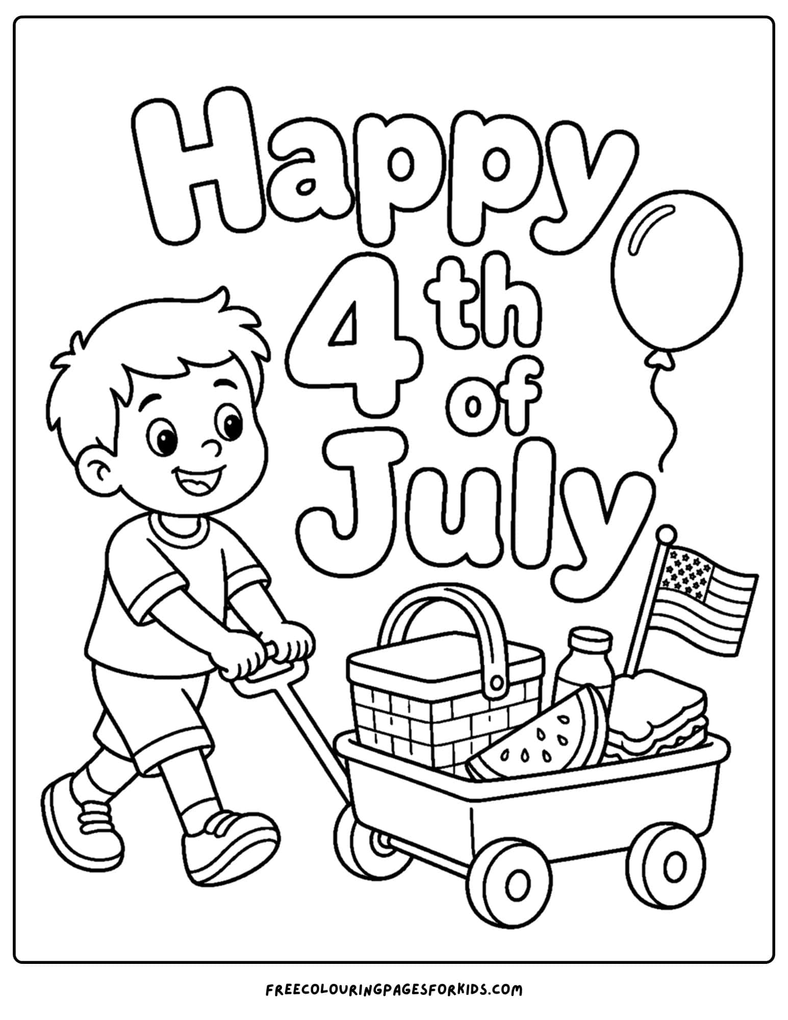 a 4th of july coloring page showing a child pulling a wagon full of celebration supplies