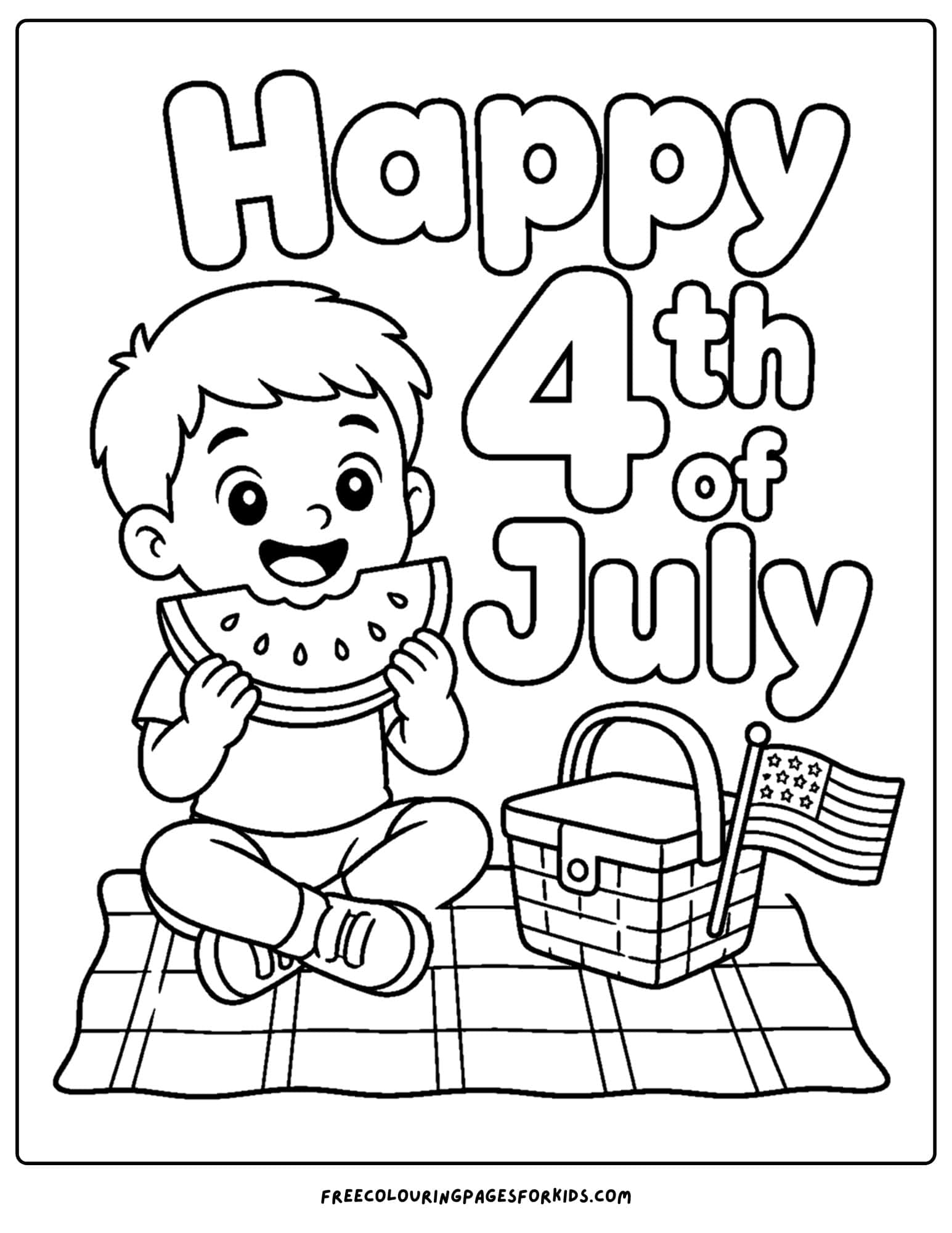 a 4th of july coloring page showing a child eating a big piece of watermelon