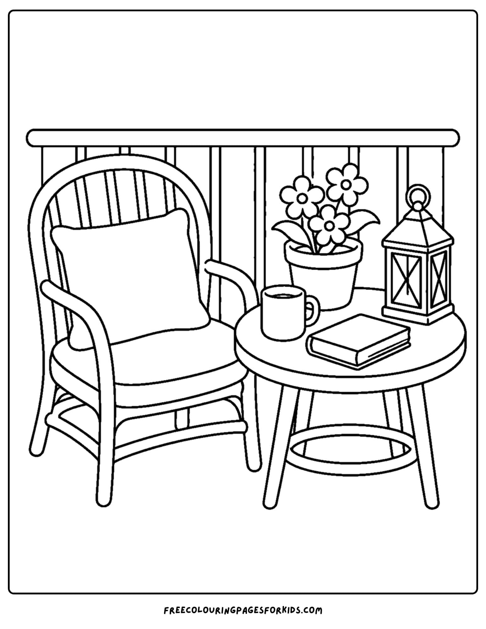 an adult coloring page showing a morning balcony scene with hot coffee