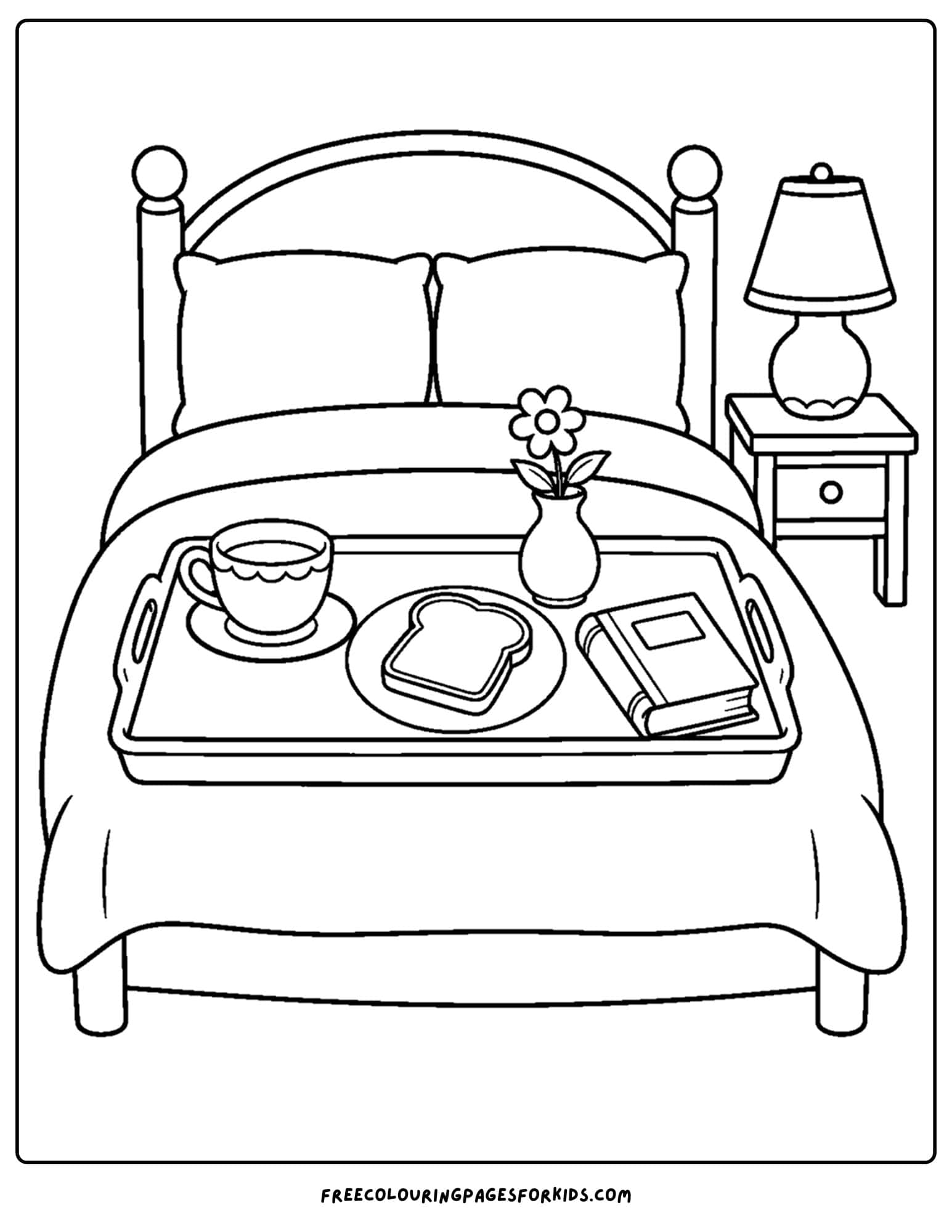 an adult coloring page showing a breakfast bed scene with tray of food
