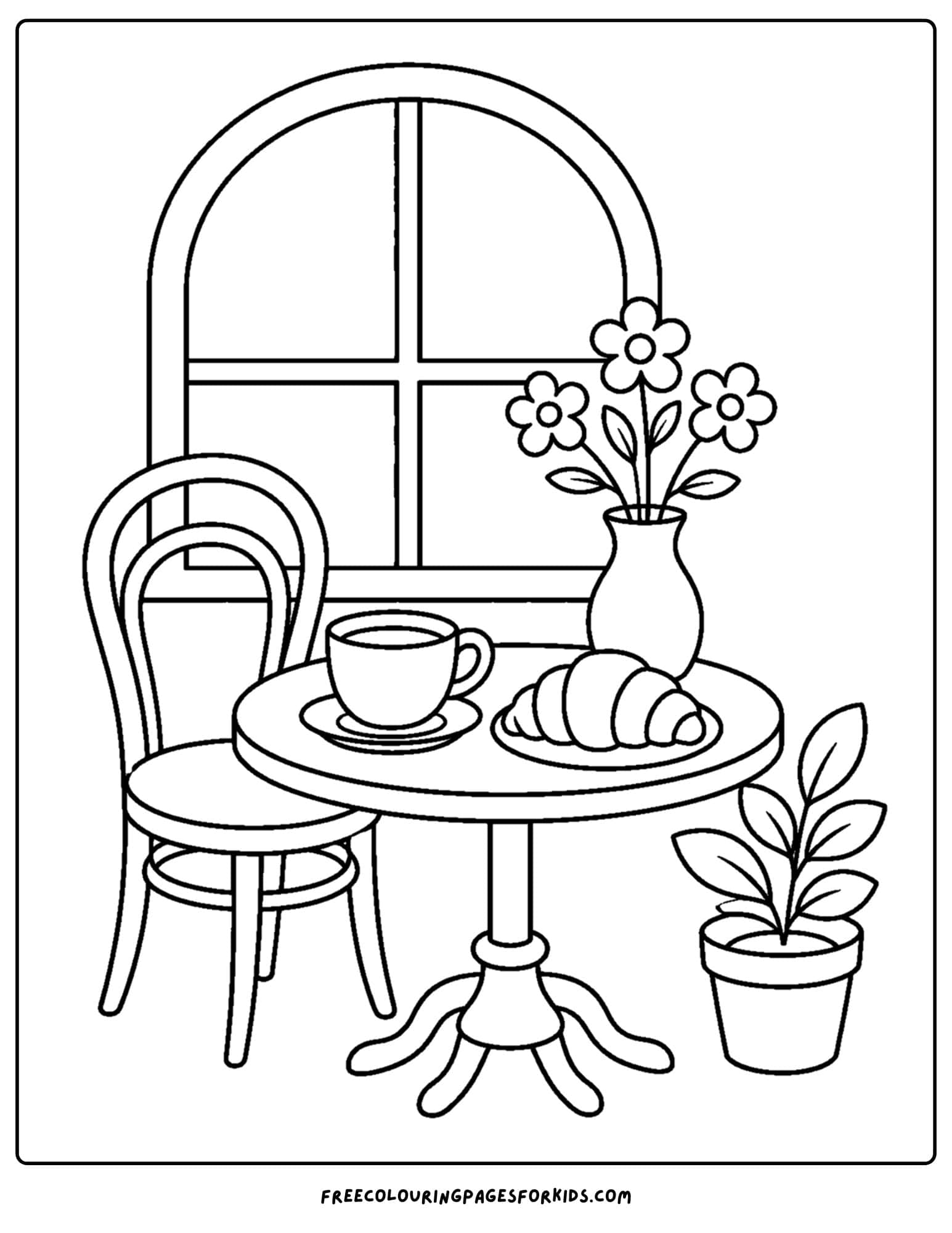 an adult coloring page showing a relaxing cafe window scene with hot coffee