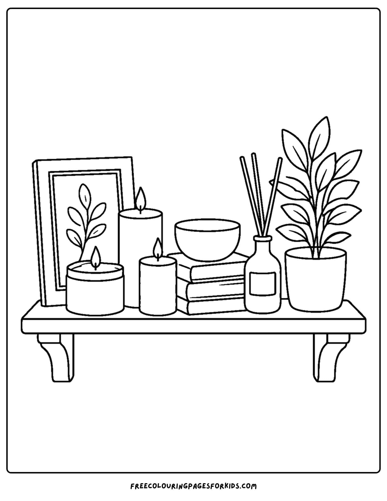 an adult coloring page showing a shelf with calming candles on it