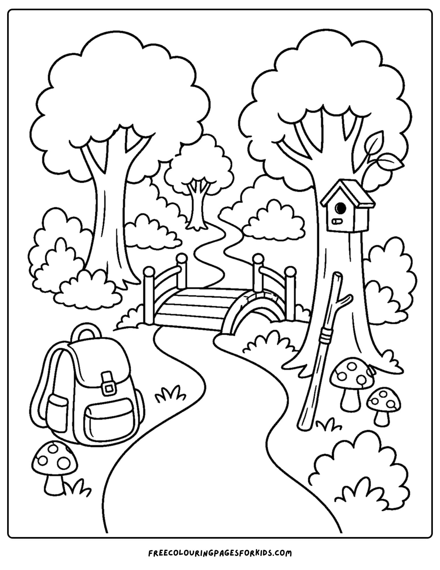 an adult coloring page showing a calm forrest path