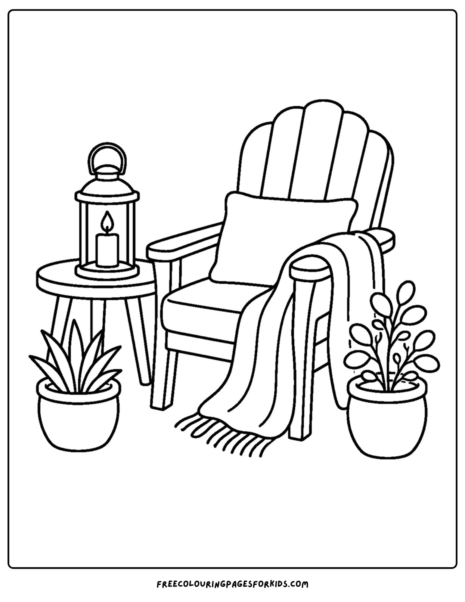 an adult coloring page showing a relaxing patio chair with blanket and light