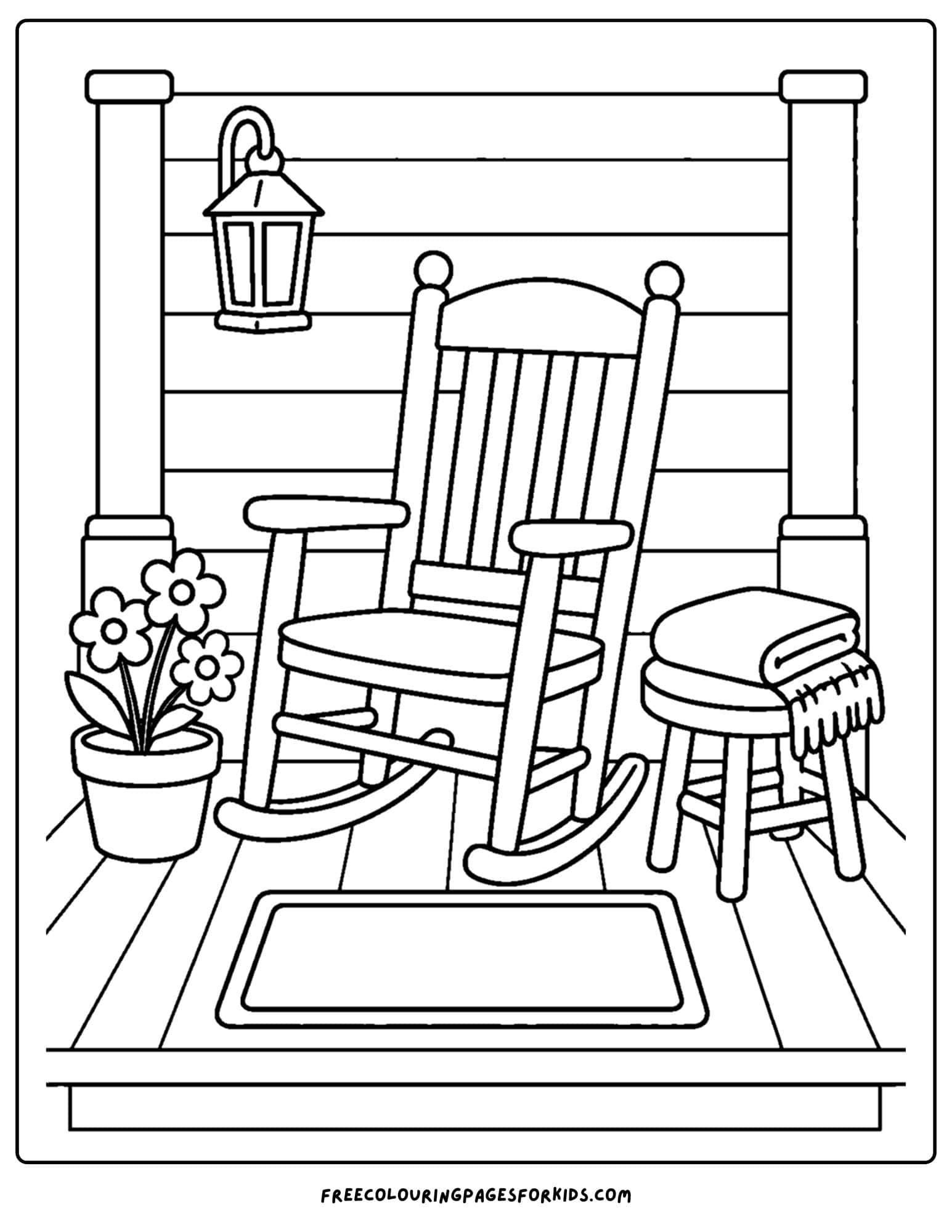an adult coloring page showing a cottage porch chair with plants and small table
