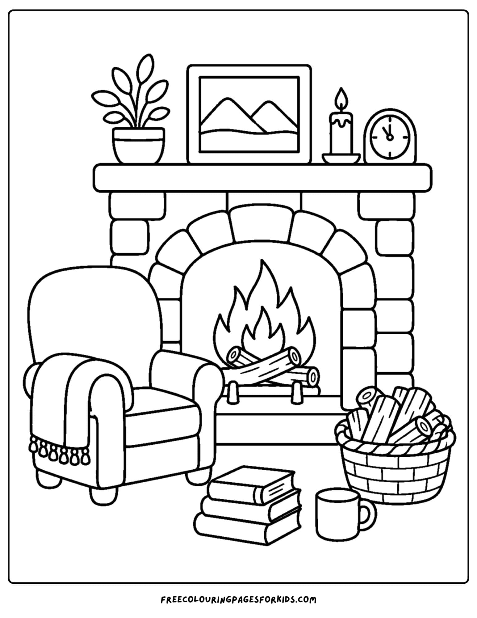 an adult coloring page showing a cozy fireplace scene with a chair, books firewood and mantle