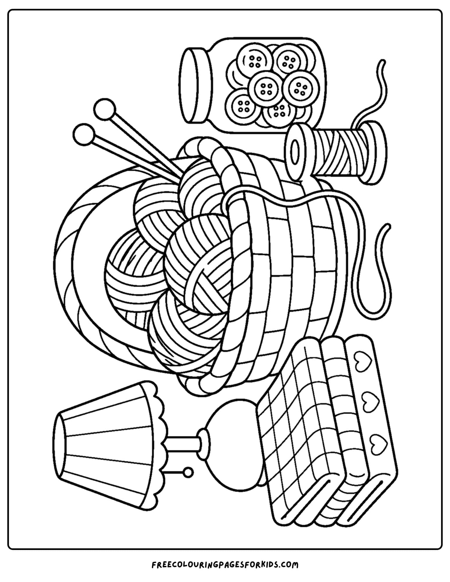 an adult coloring page showing a basket full of crafting yarn and needles