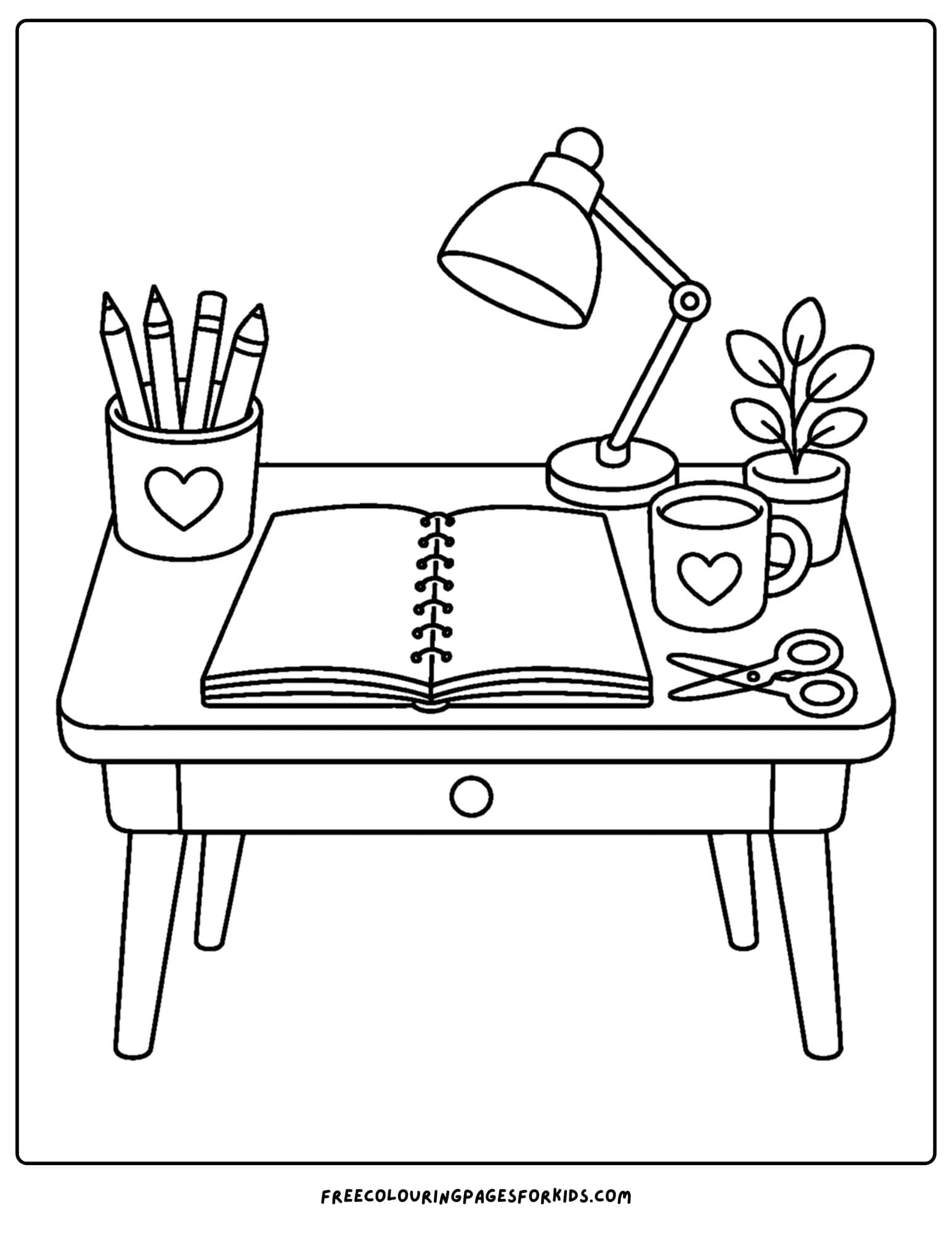 an adult coloring page showing a creative desk with a book, pencils and light on it