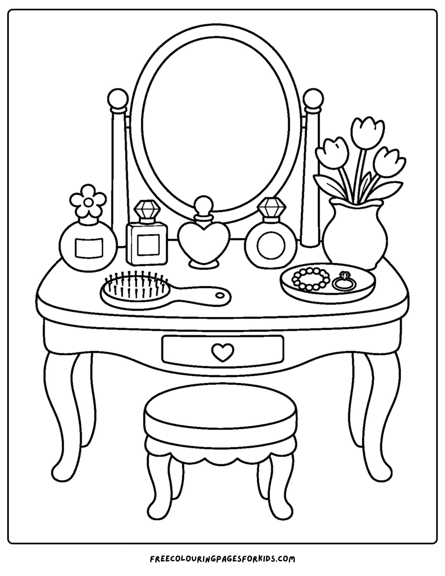 an adult coloring page showing a perfume vanity with mirror and chair
