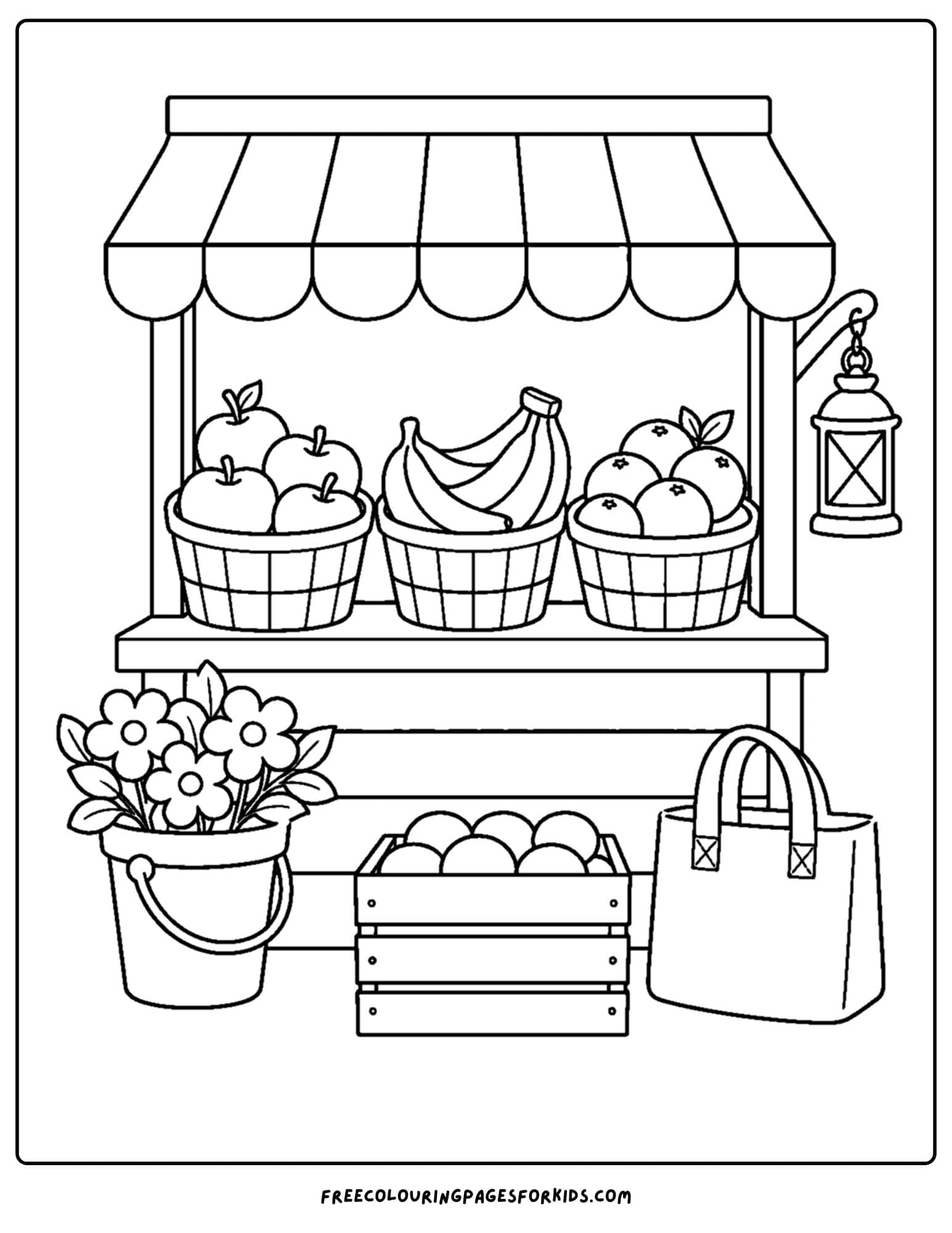 an adult coloring page showing a farmers market stall stocked with fruit