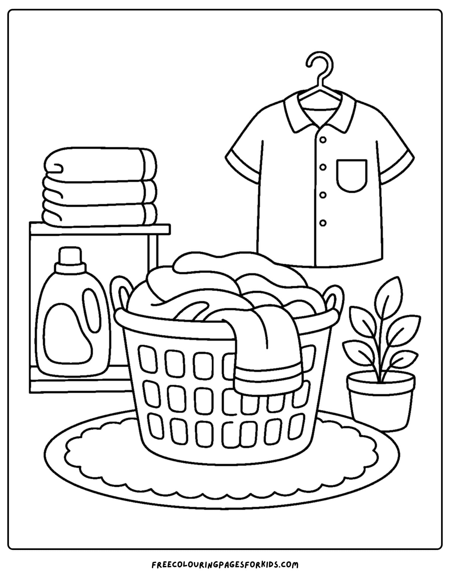 an adult coloring page showing a laundry scene with basket of washed clothes