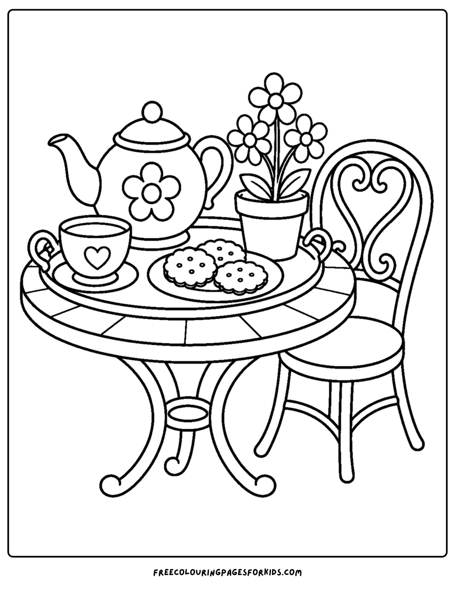 an adult coloring page showing a garden tea party setting on a table