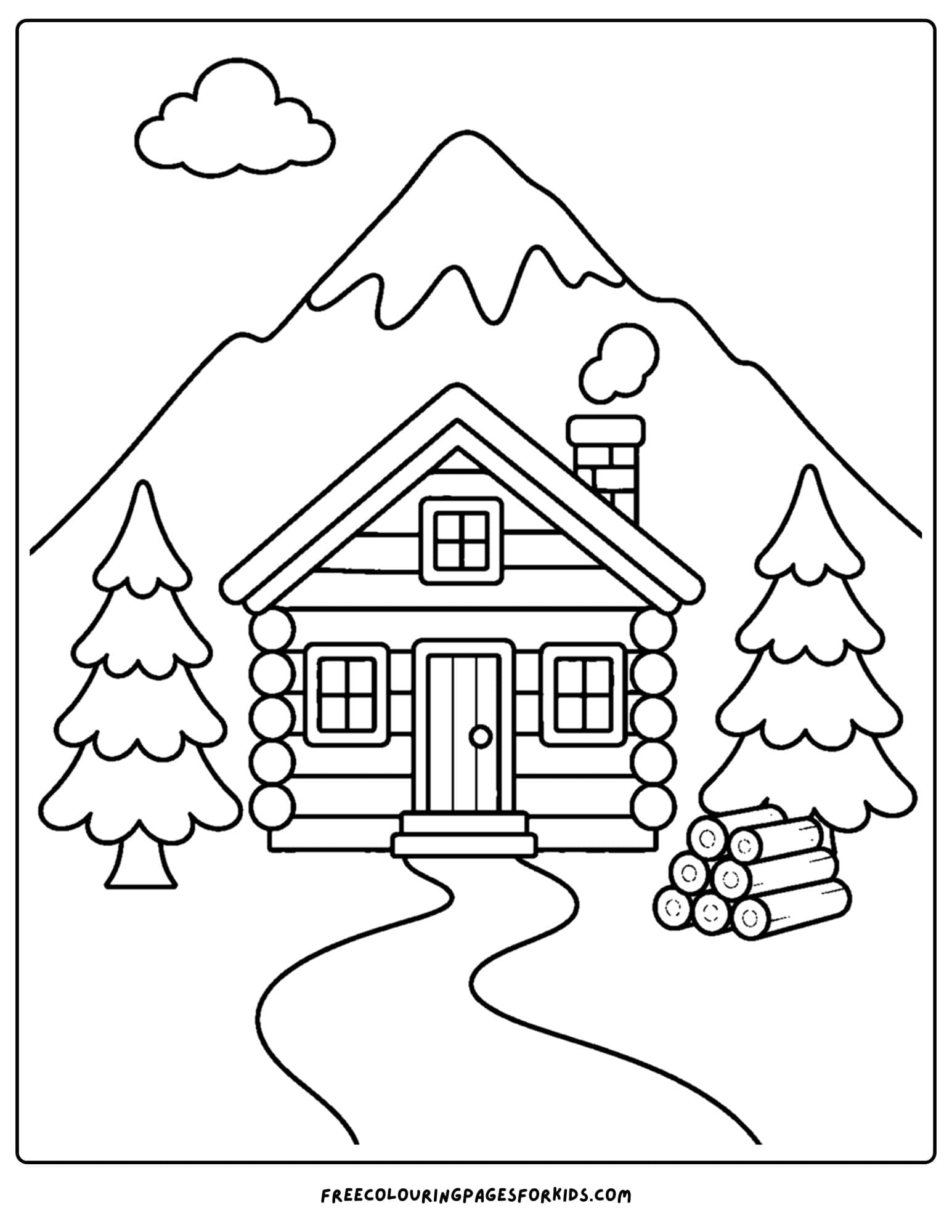 an adult coloring page showing a relaxing mountain cabin scene