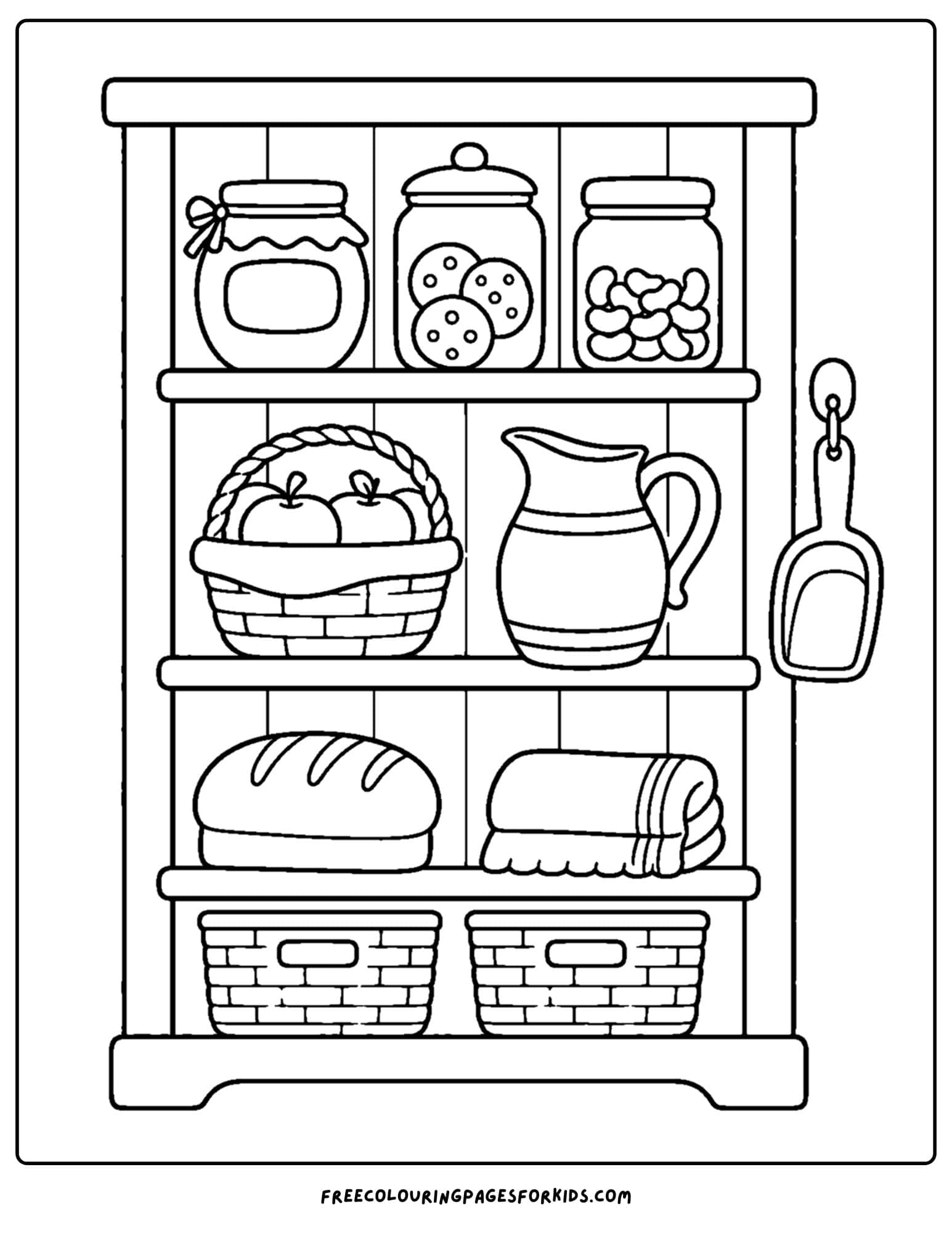 an adult coloring page showing an organised kitchen pantry layout