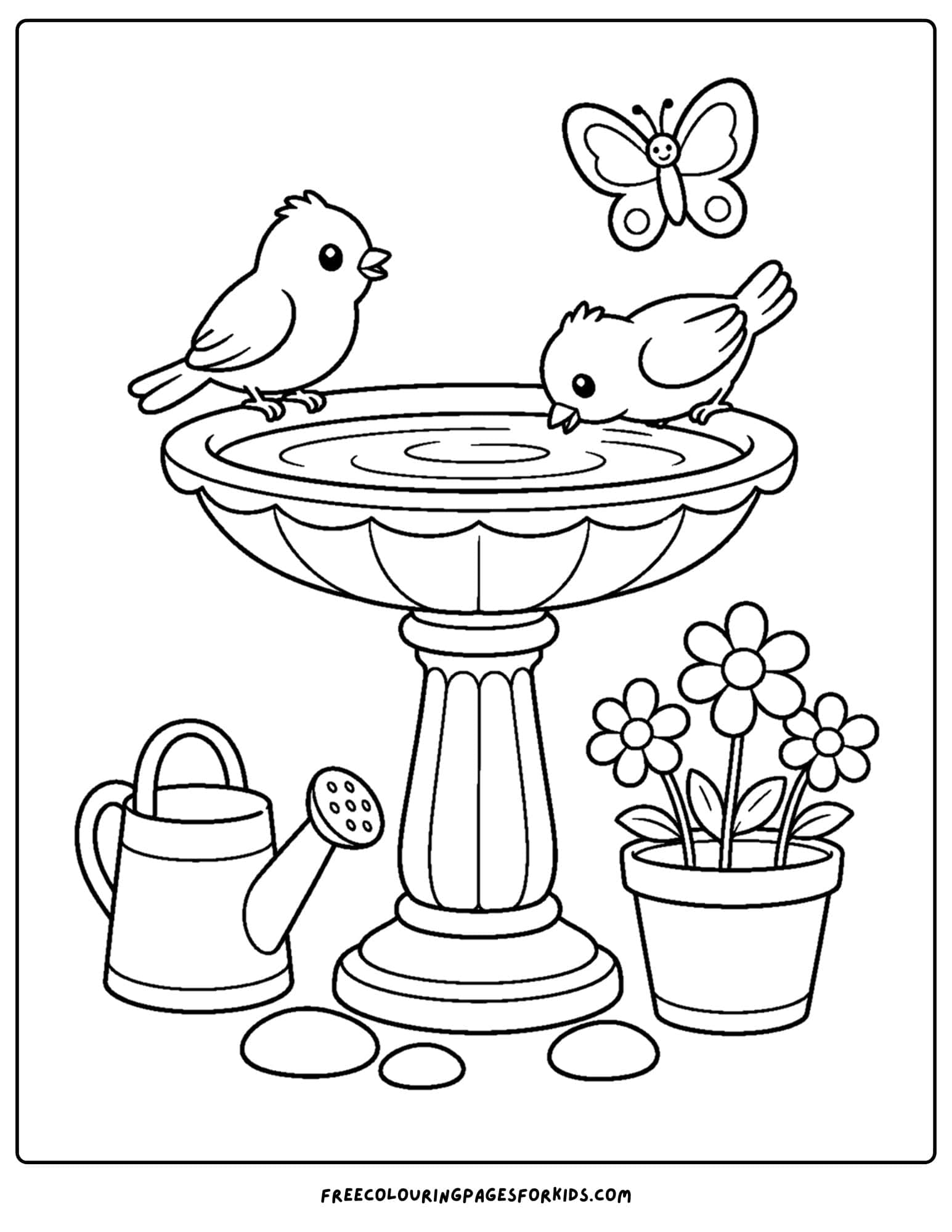 an adult coloring page showing a bird bath with birds on it