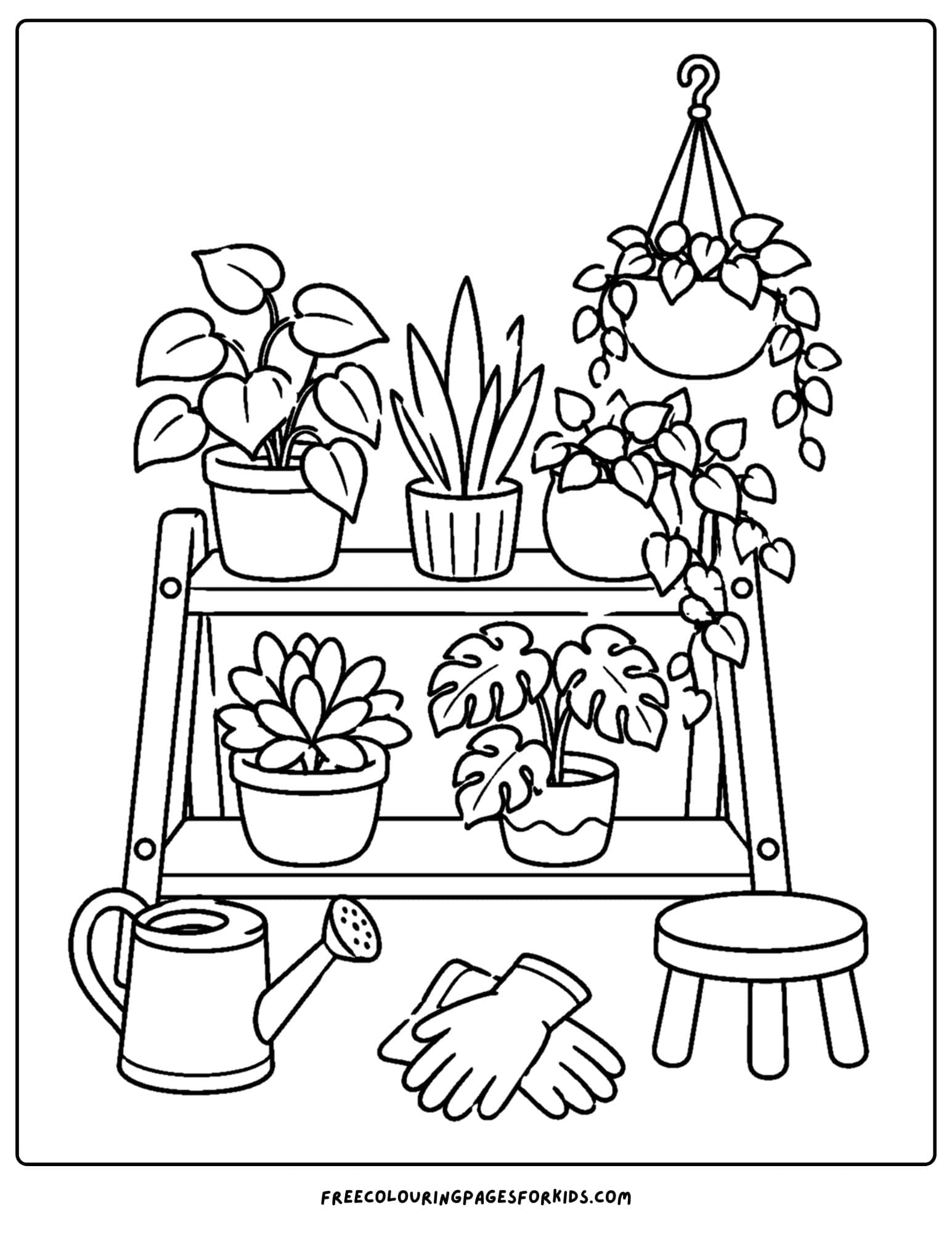 an adult coloring page showing a row of shelves with plants on them