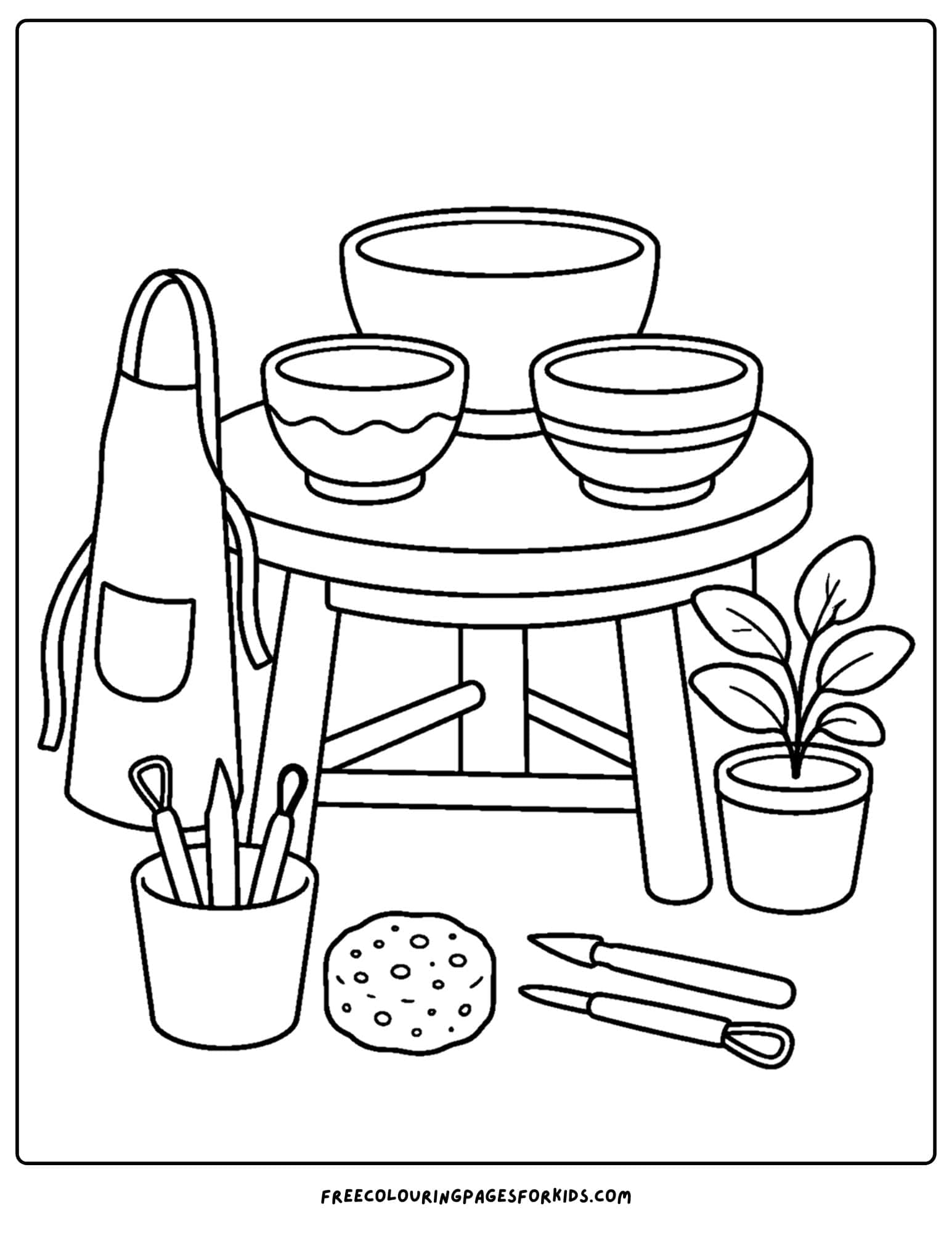 an adult coloring page showing a pottery table with tools and bowls on it