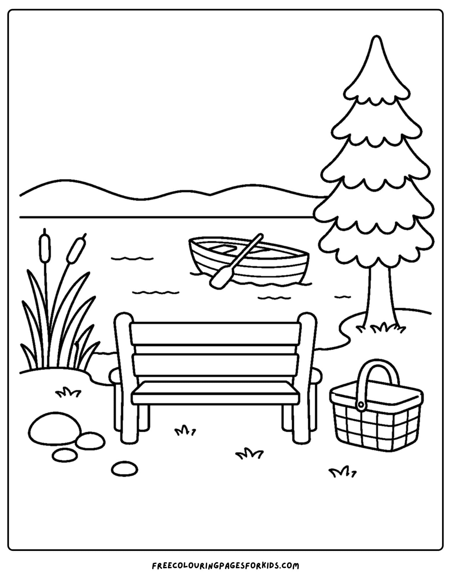 an adult coloring page showing a quiet lakeside seat with a boat on the water