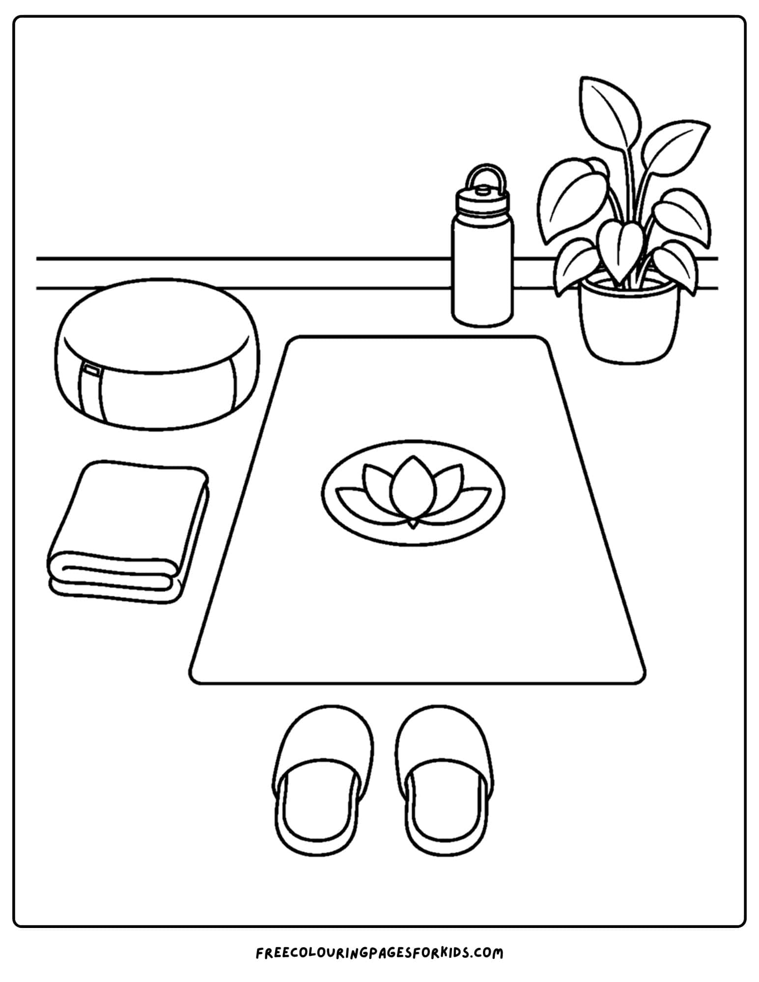 an adult coloring page showing a relaxing yoga mat on the fllor