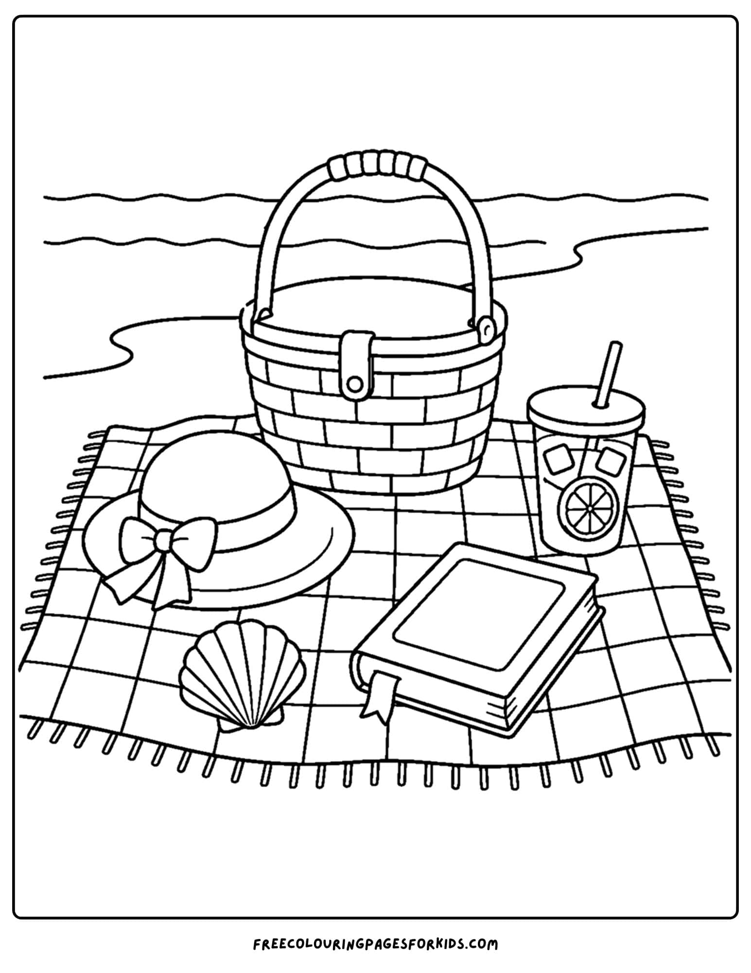 an adult coloring page showing a seaside picnic scene