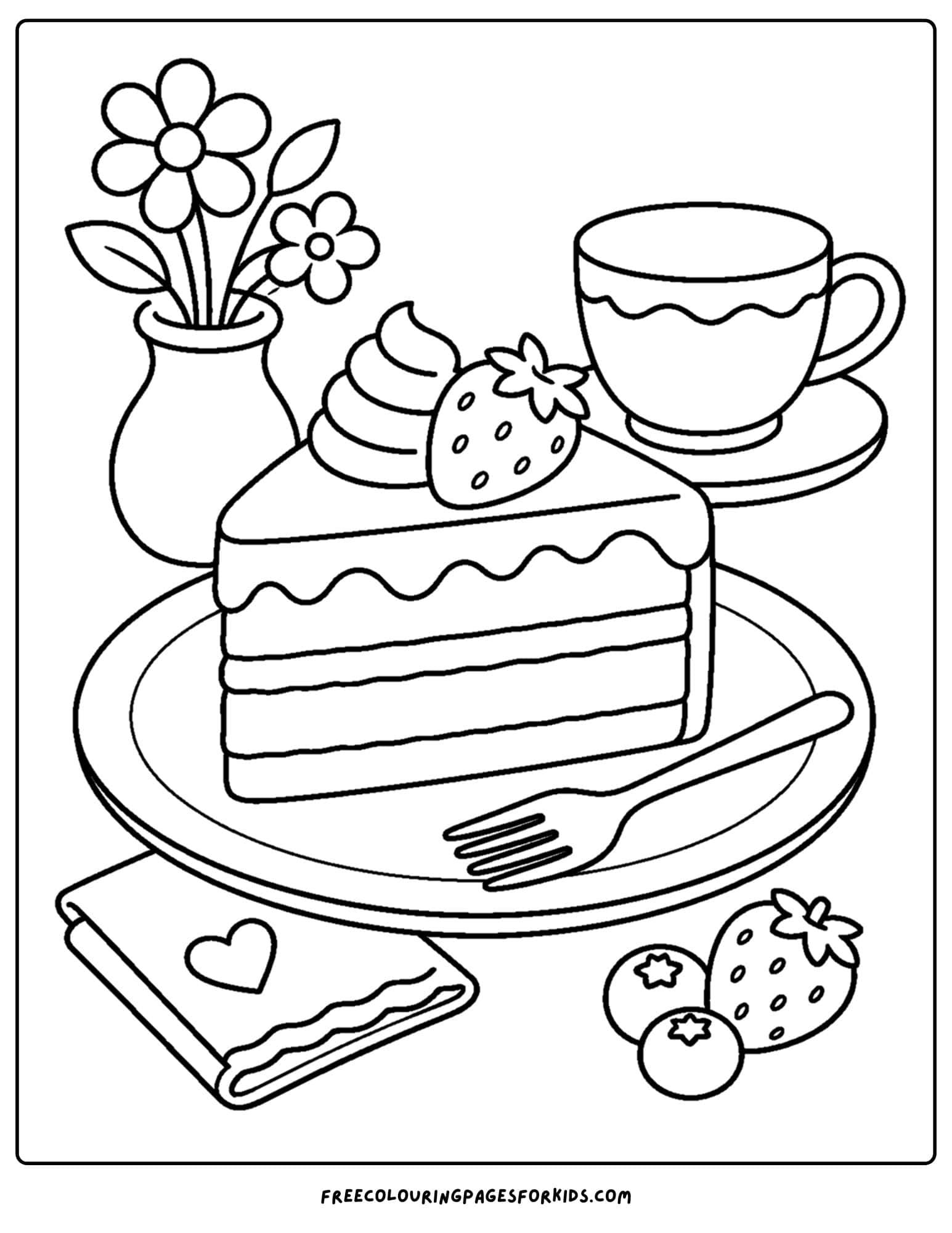 an adult coloring page showing a lovely dessert plate of cake and tea cup
