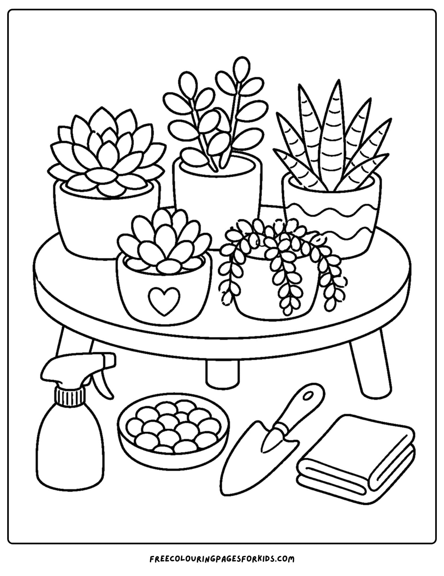 an adult coloring page showing a table of succulents