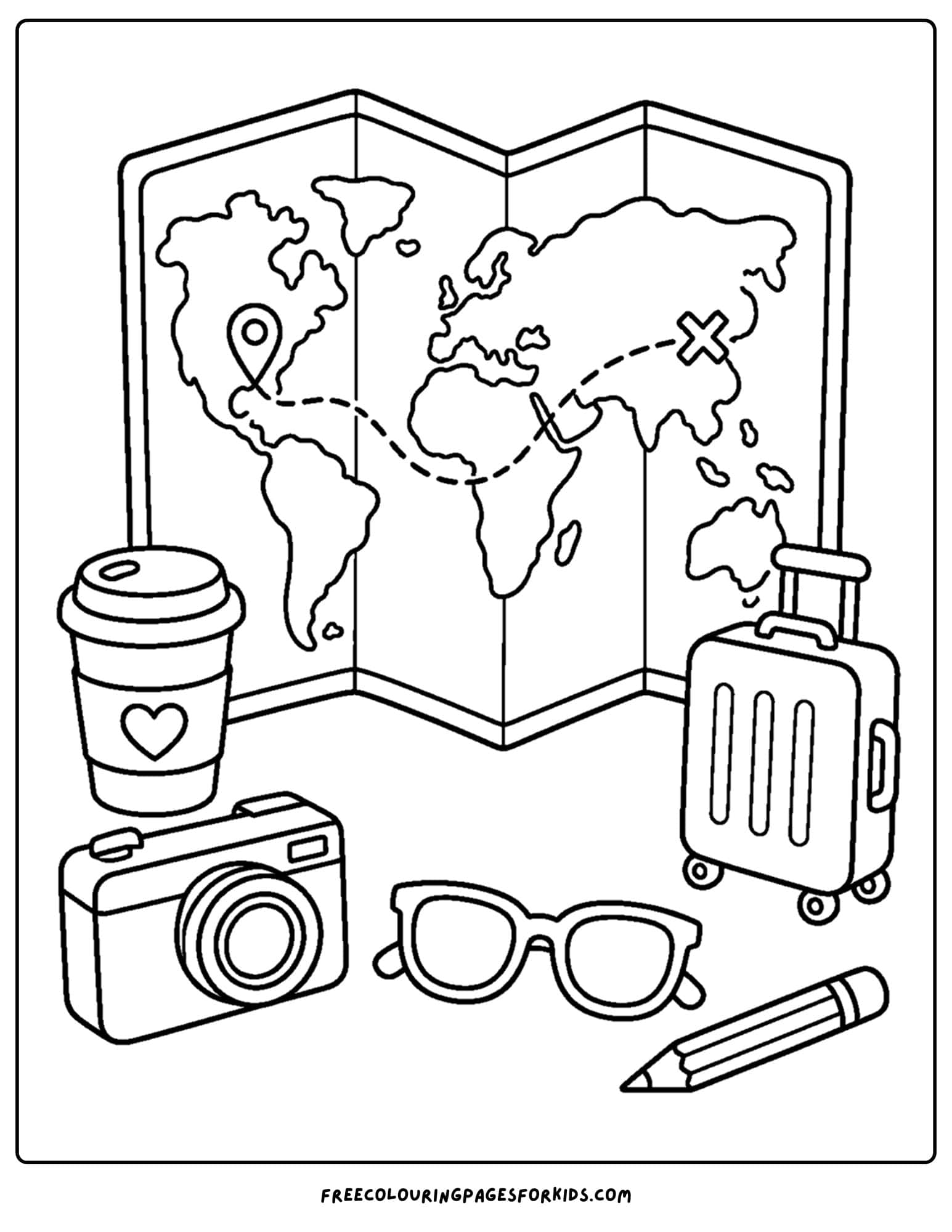 an adult coloring page showing a travel map and other travel accessories