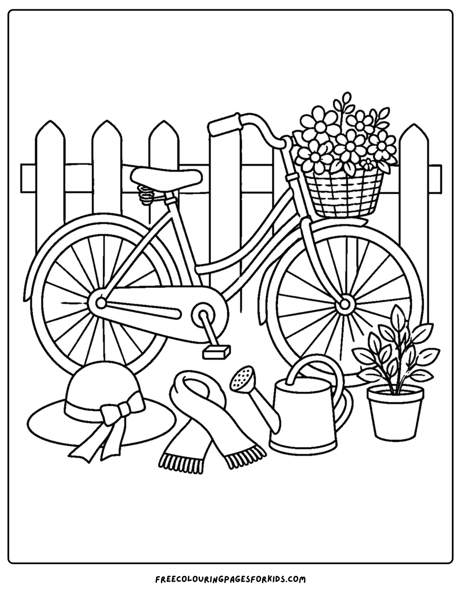 an adult coloring page showing a vintage bike and basket against a fence
