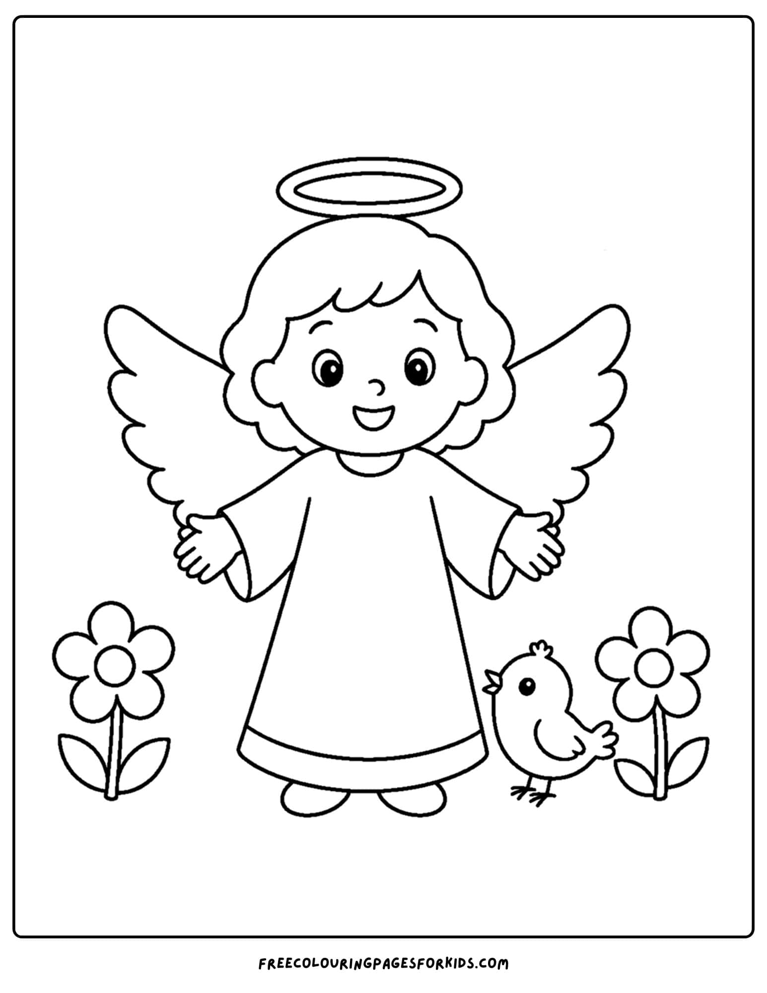 a coloring page of an angel greeting a bird