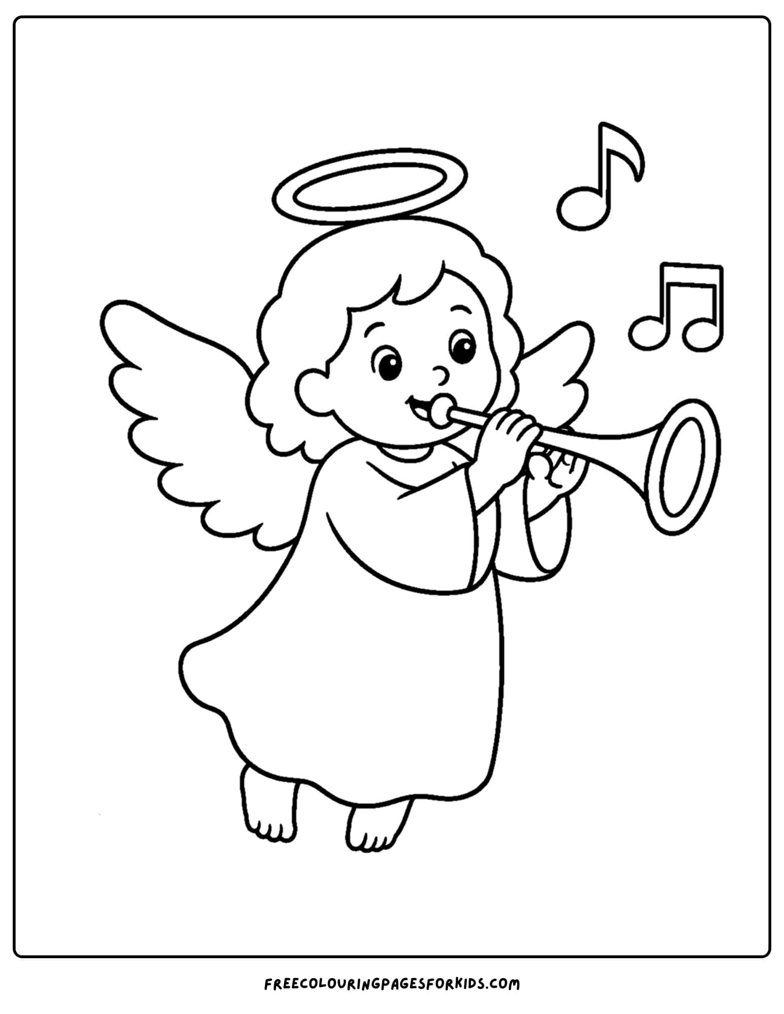 a coloring page of an angel playing a trumpet