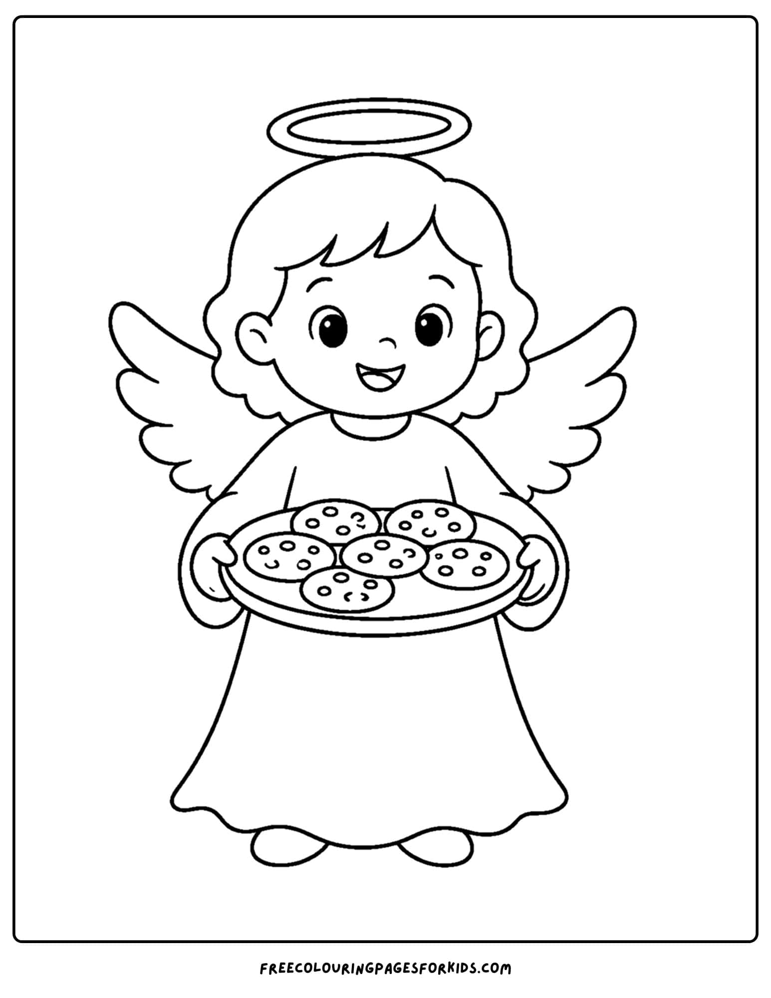 a coloring page of an angel carrying a tray of cookies