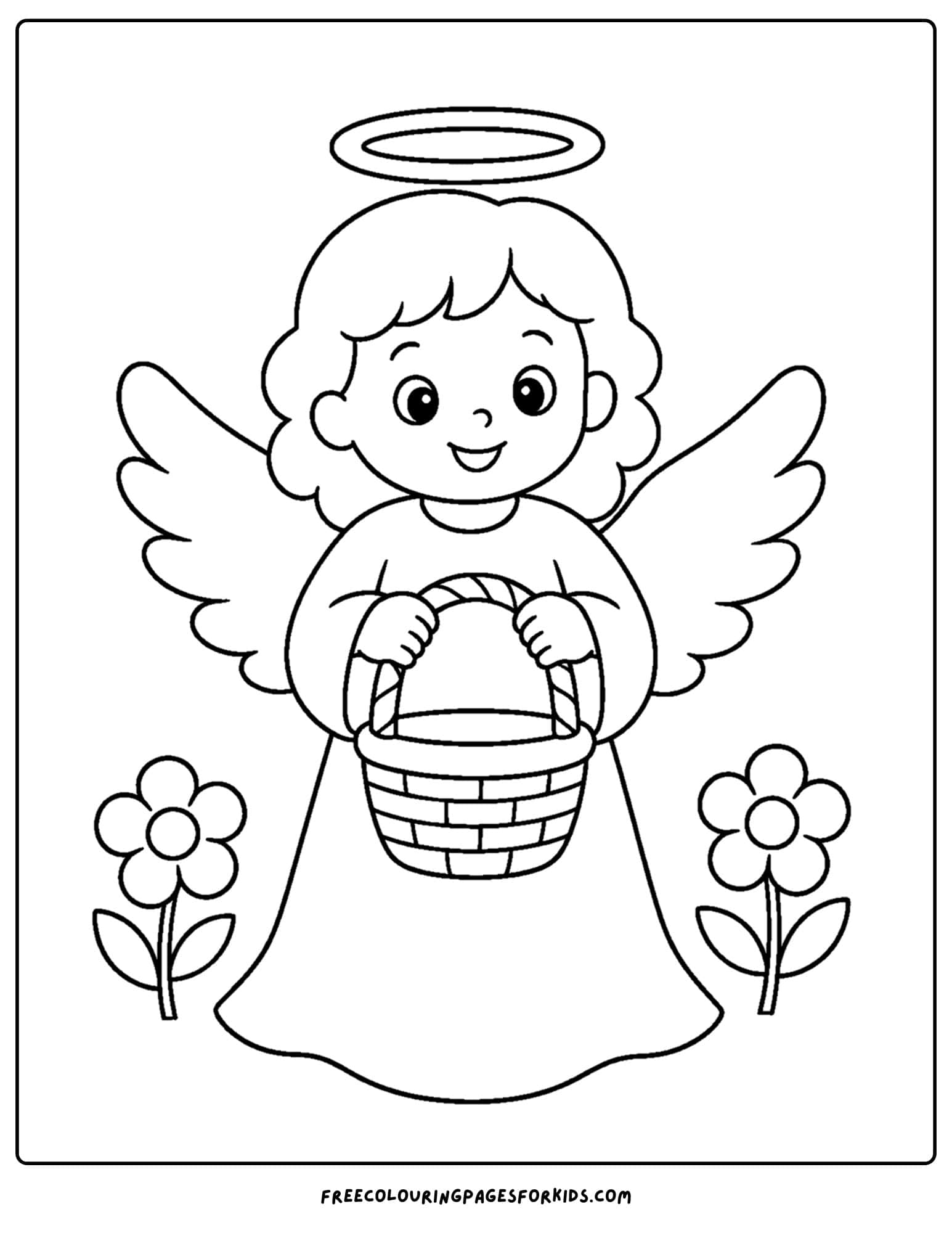a coloring page of an angel holding a basket to put flowers in
