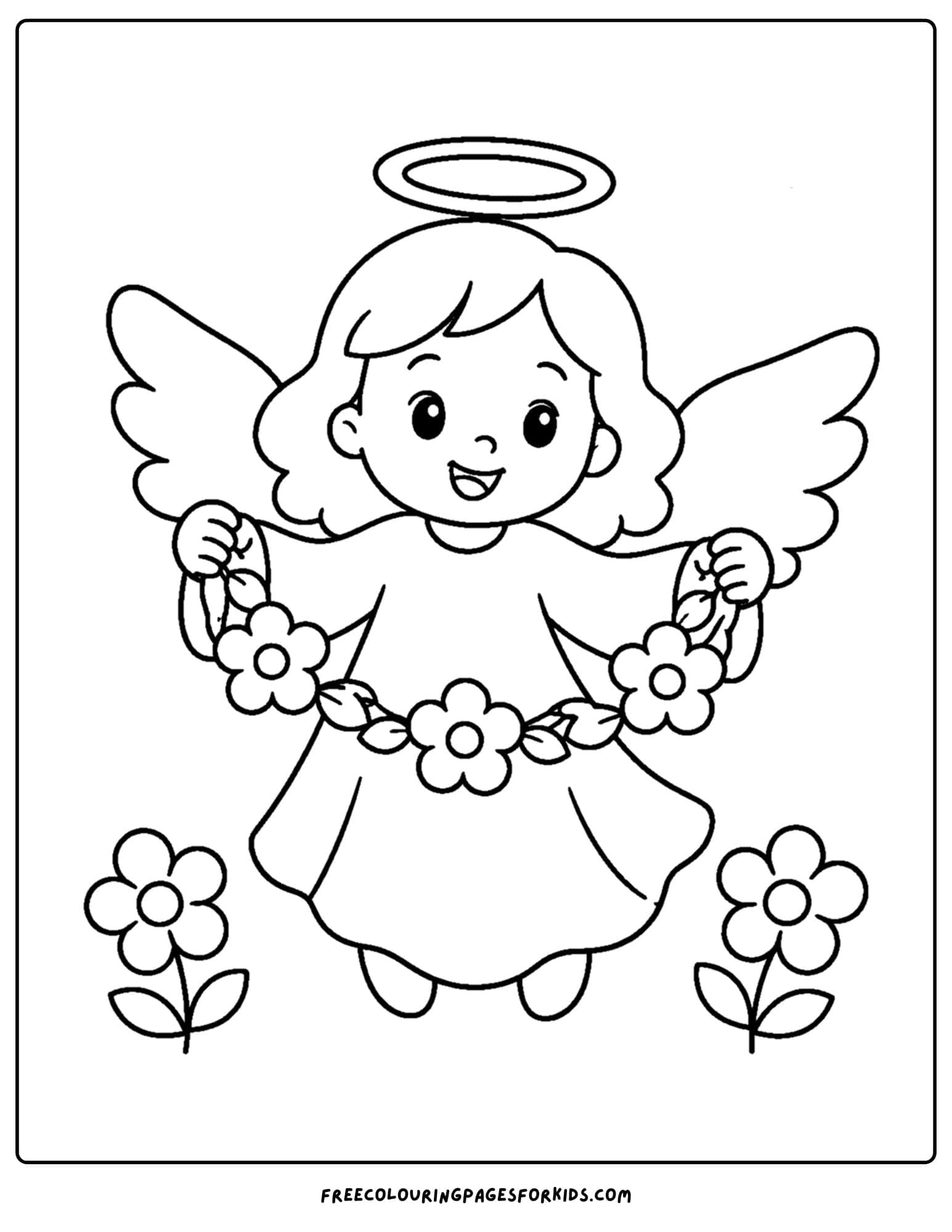 a coloring page of an angel holding a flower garland