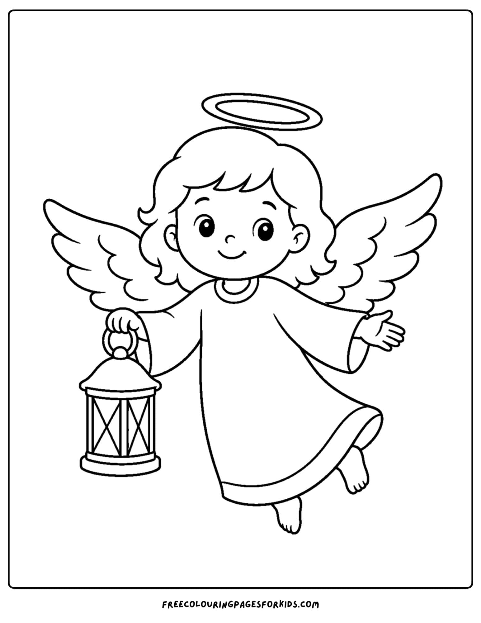 a coloring page of an angel carrying a lantern