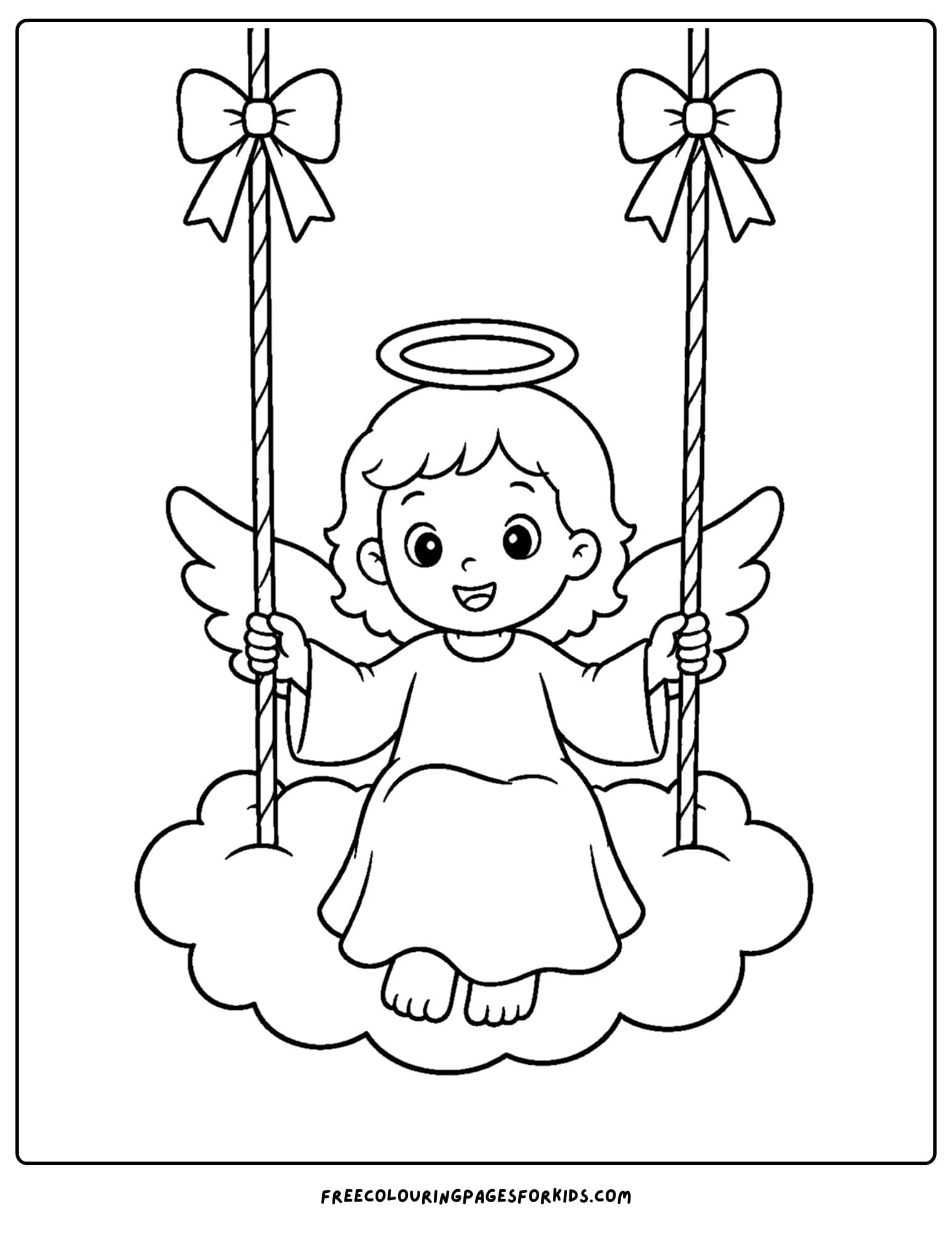 a coloring page of an angel swinging on a cloud
