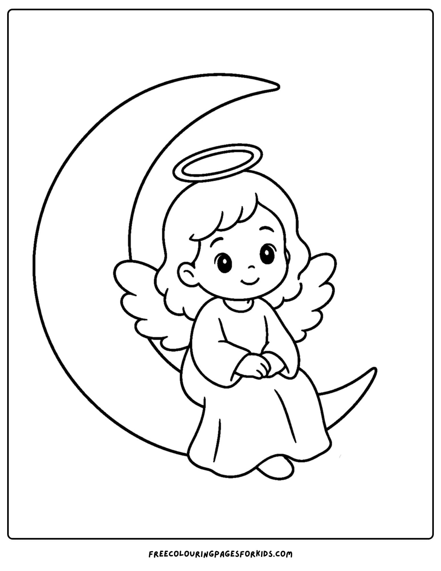 a coloring page of an angel sitting on a cresent moon