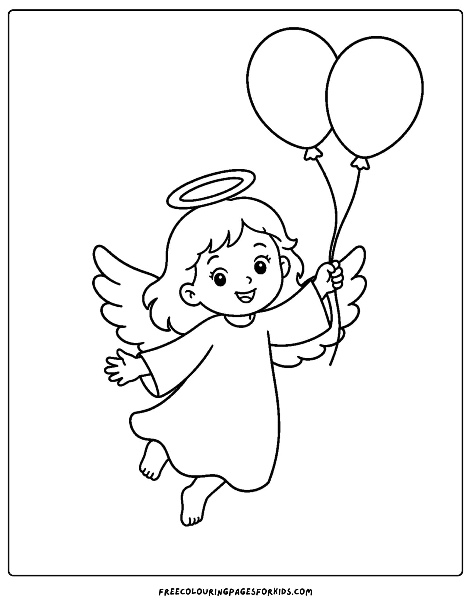 a coloring page of an angel floating with balloons