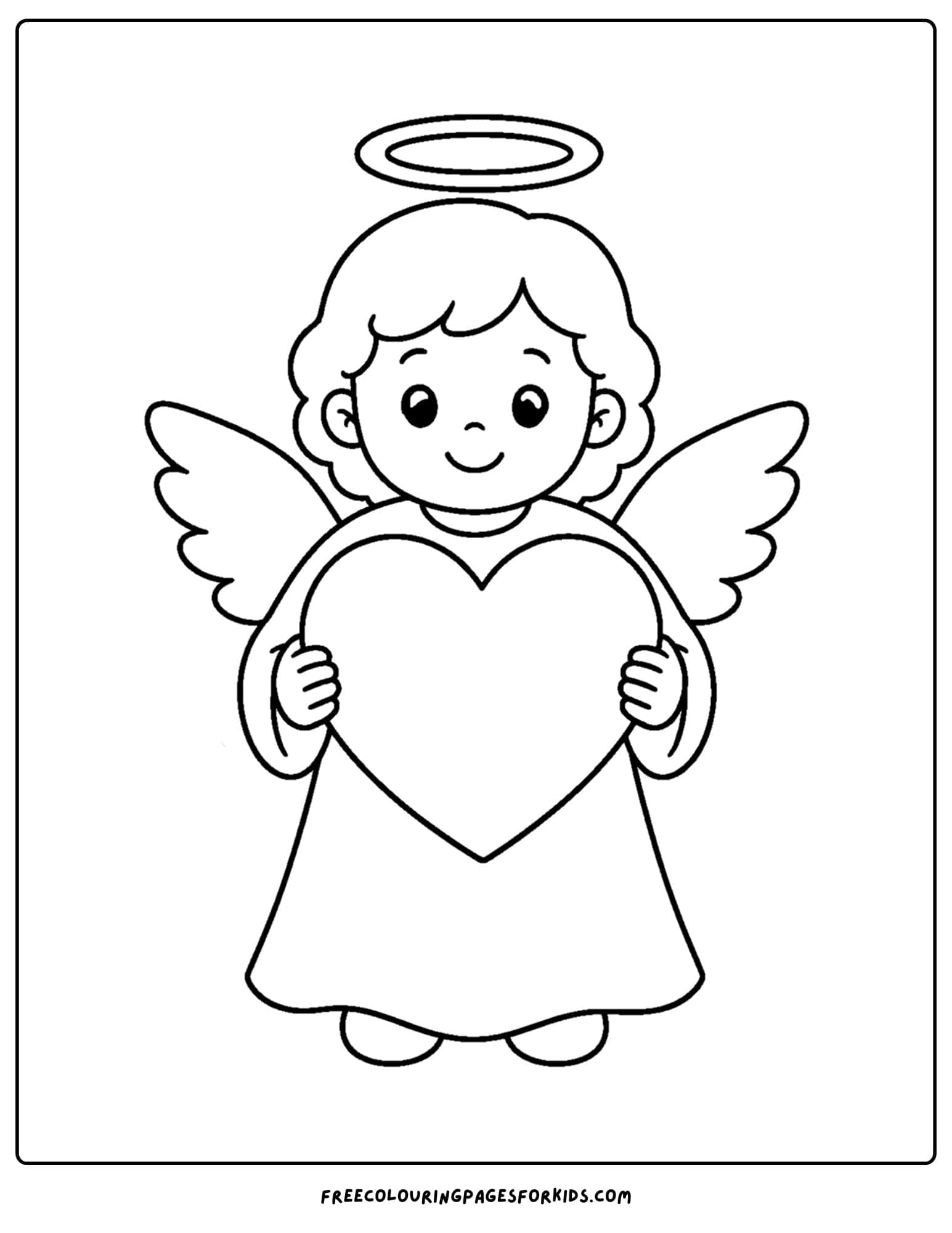 a coloring page of an angel holding a big heart