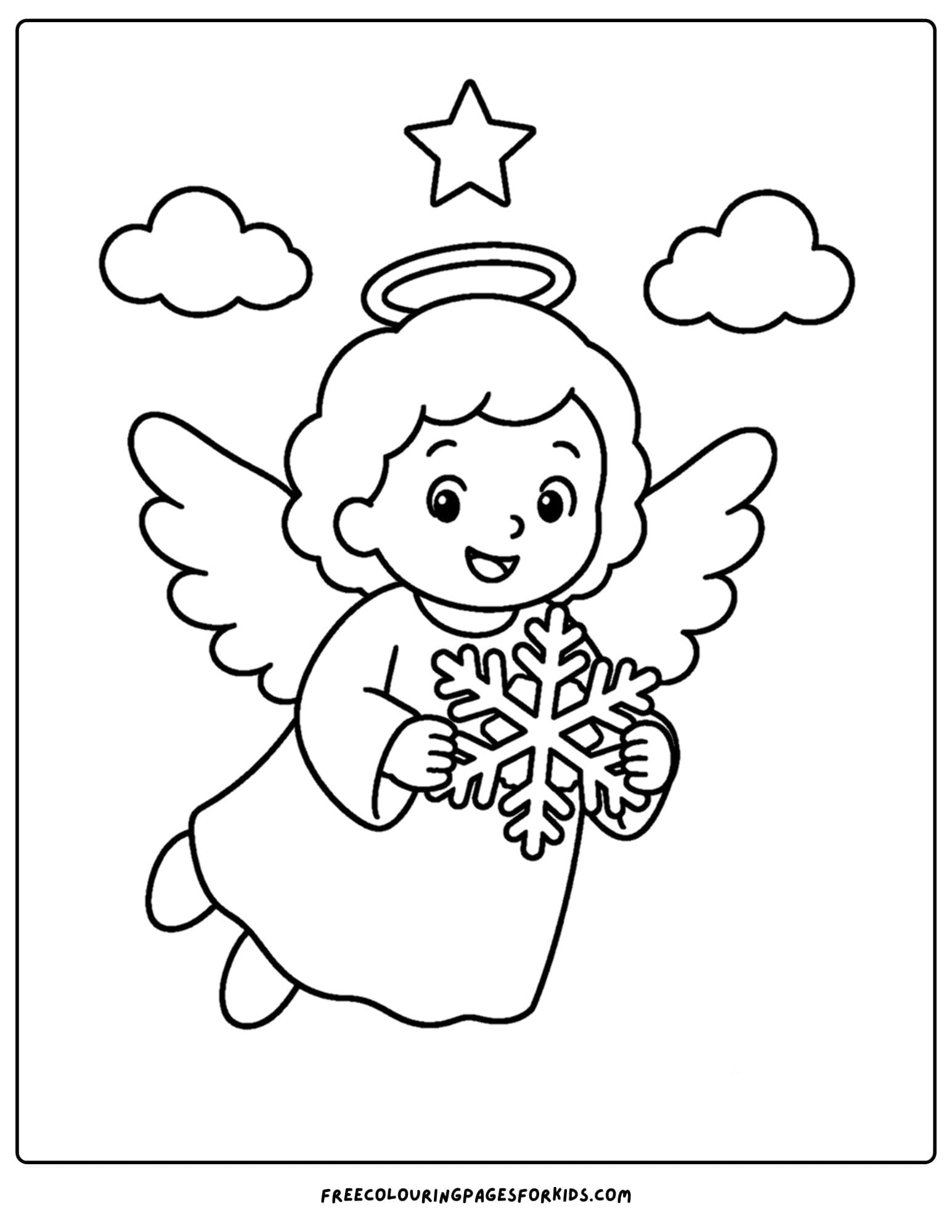 a coloring page of an angel holding a big snowflake