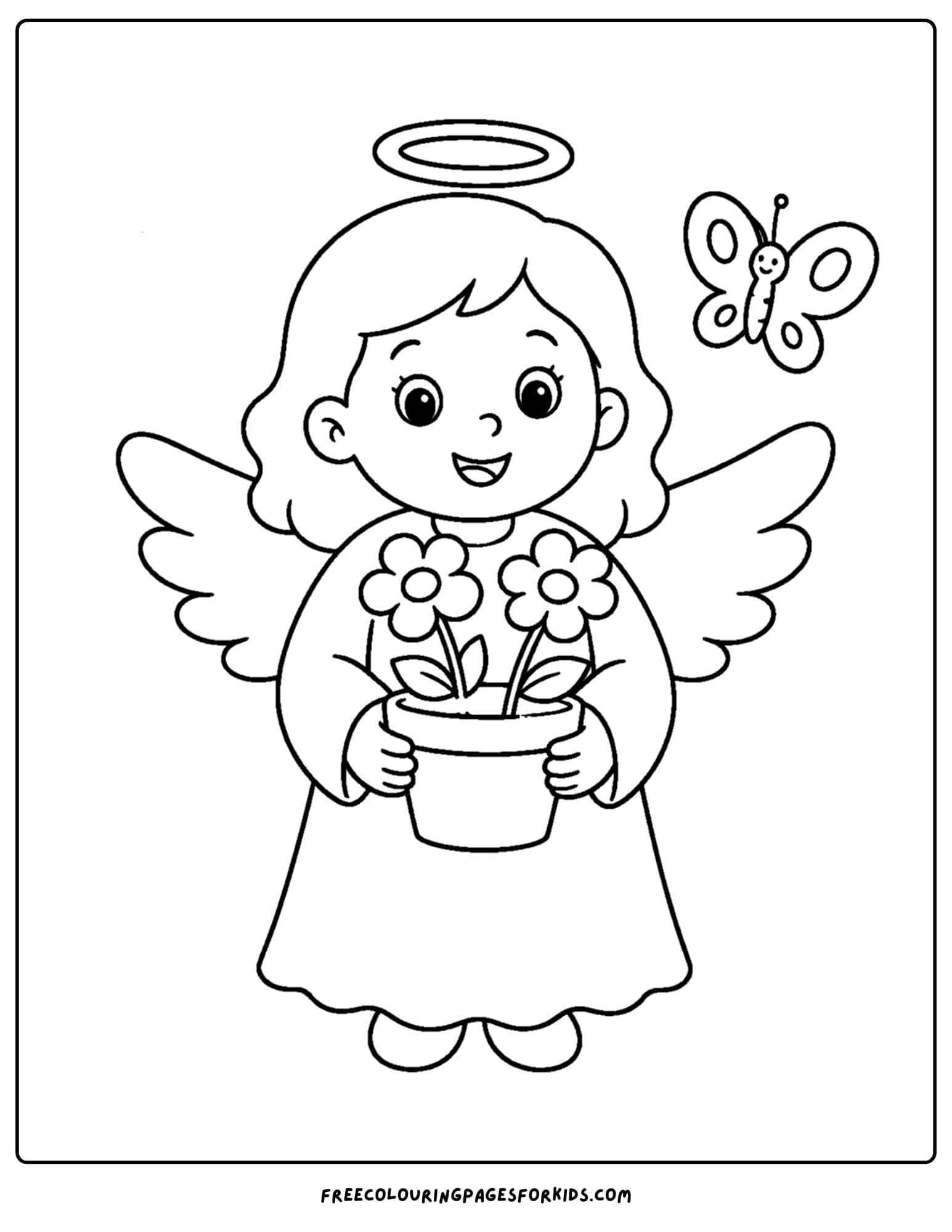a coloring page of an angel holding a flower pot with flowers in it