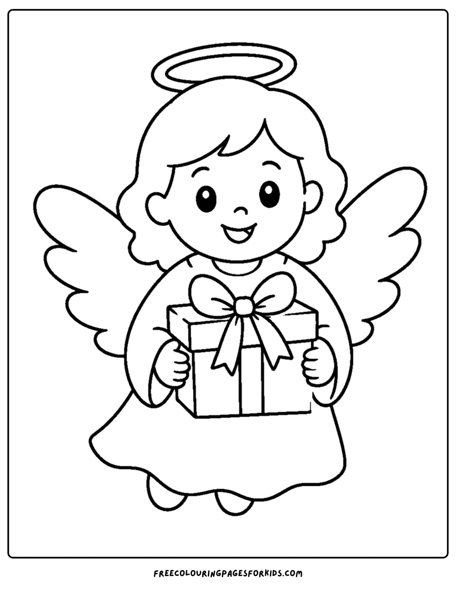 a coloring page of an angel holding a gift box