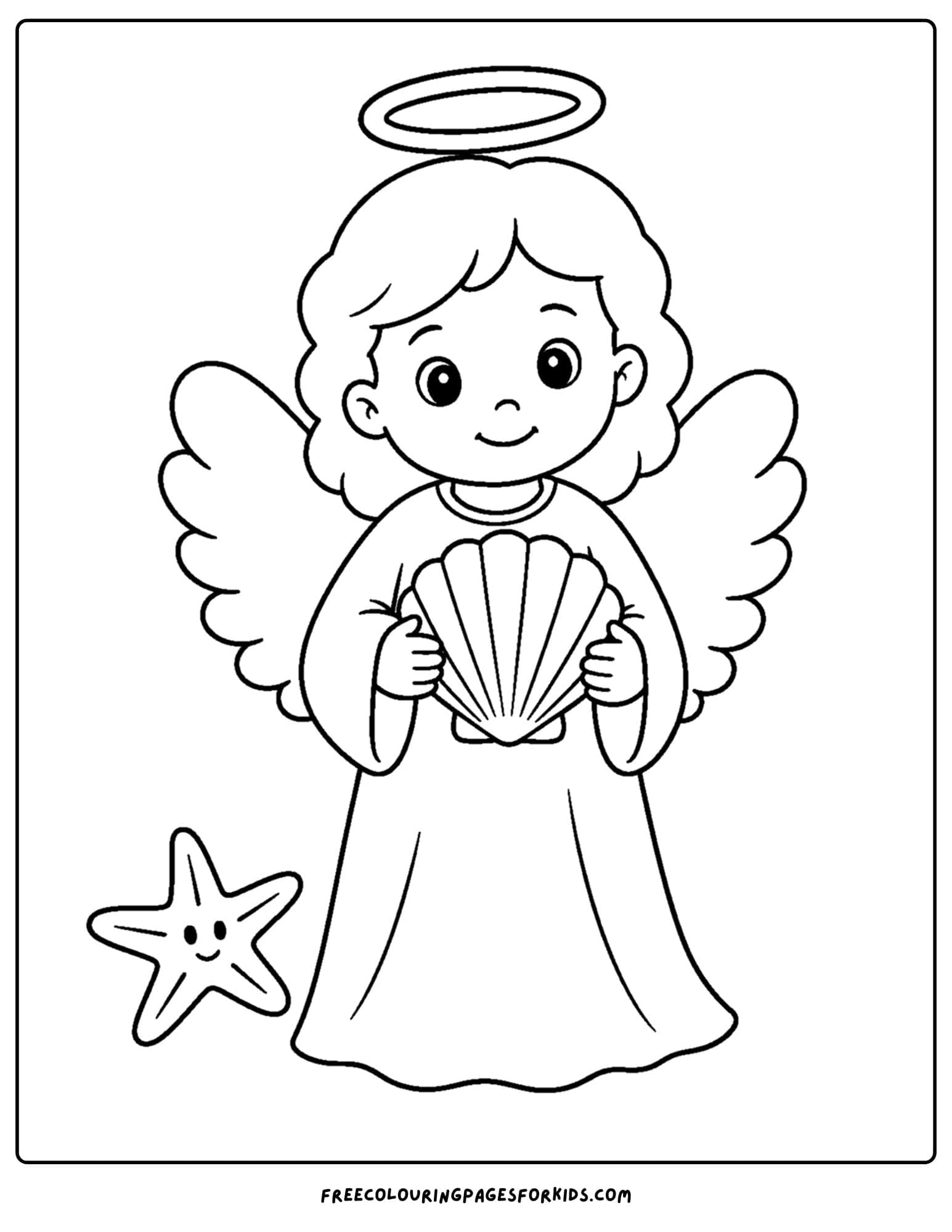 a coloring page of an angel holding a seashell