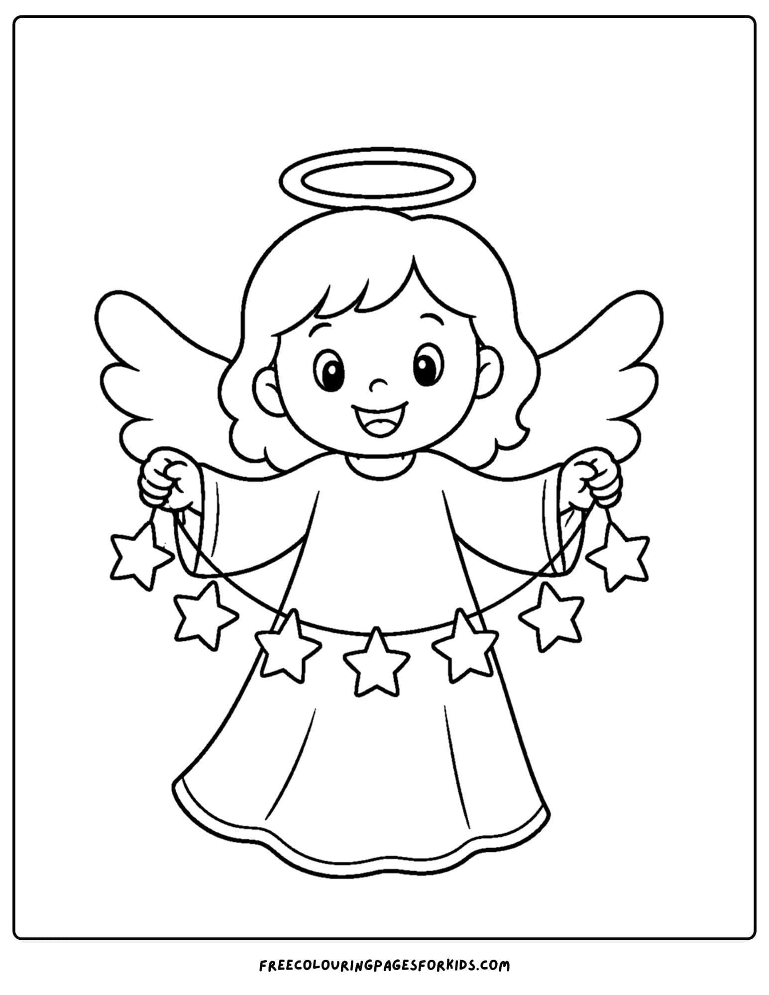 a coloring page of an angel holding a star garland