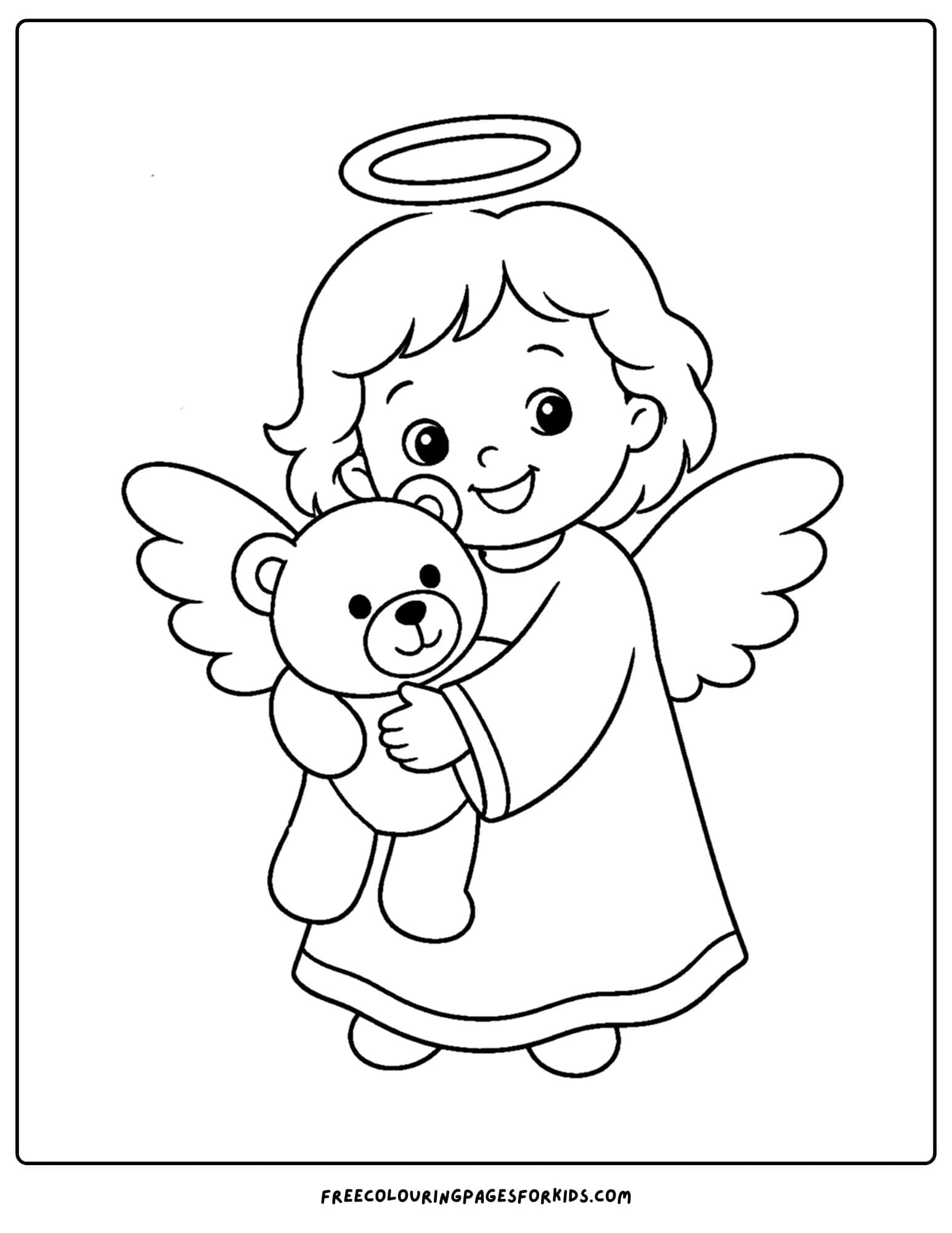 a coloring page of an angel hugging a teddy bear