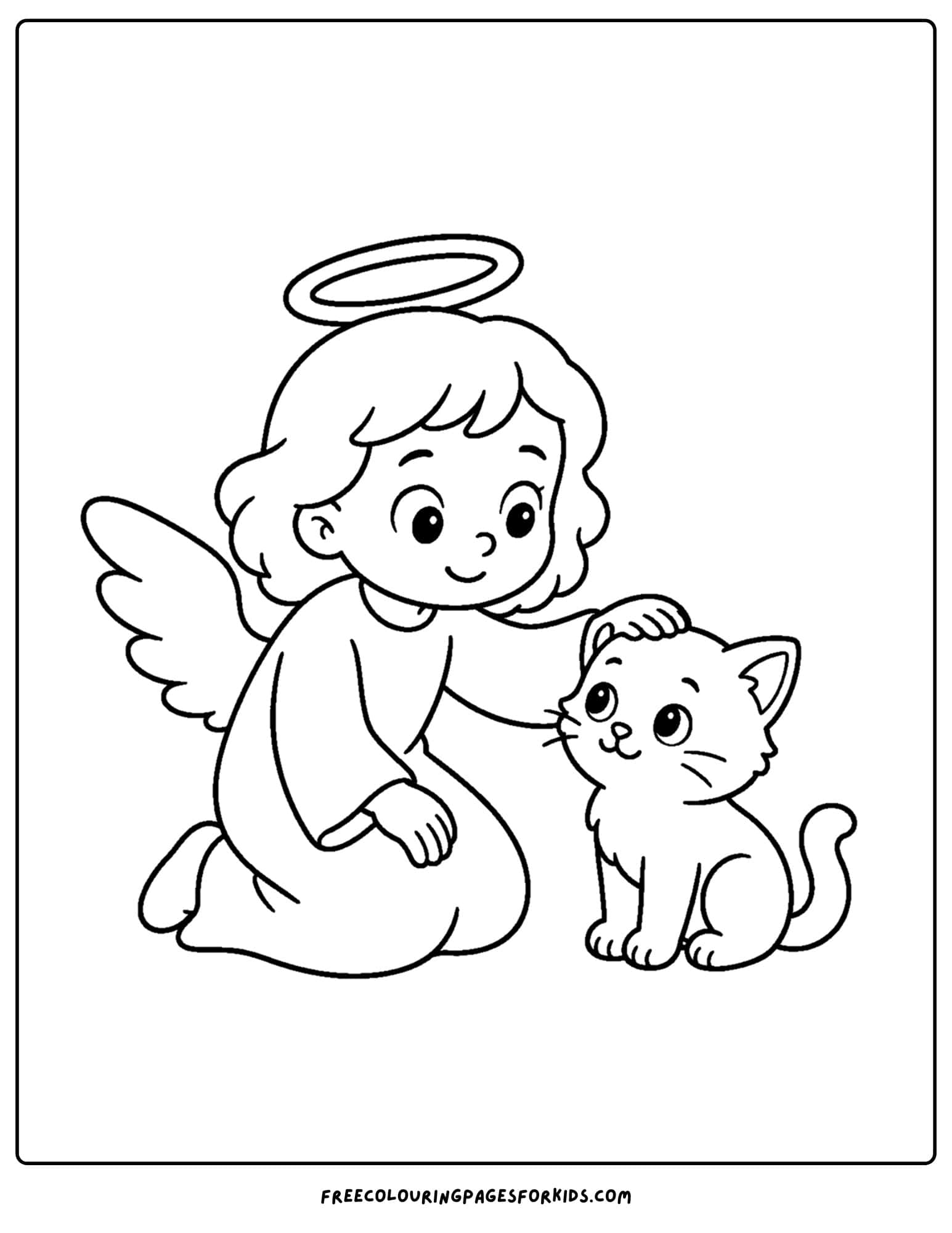 a coloring page of an angel petting a cat