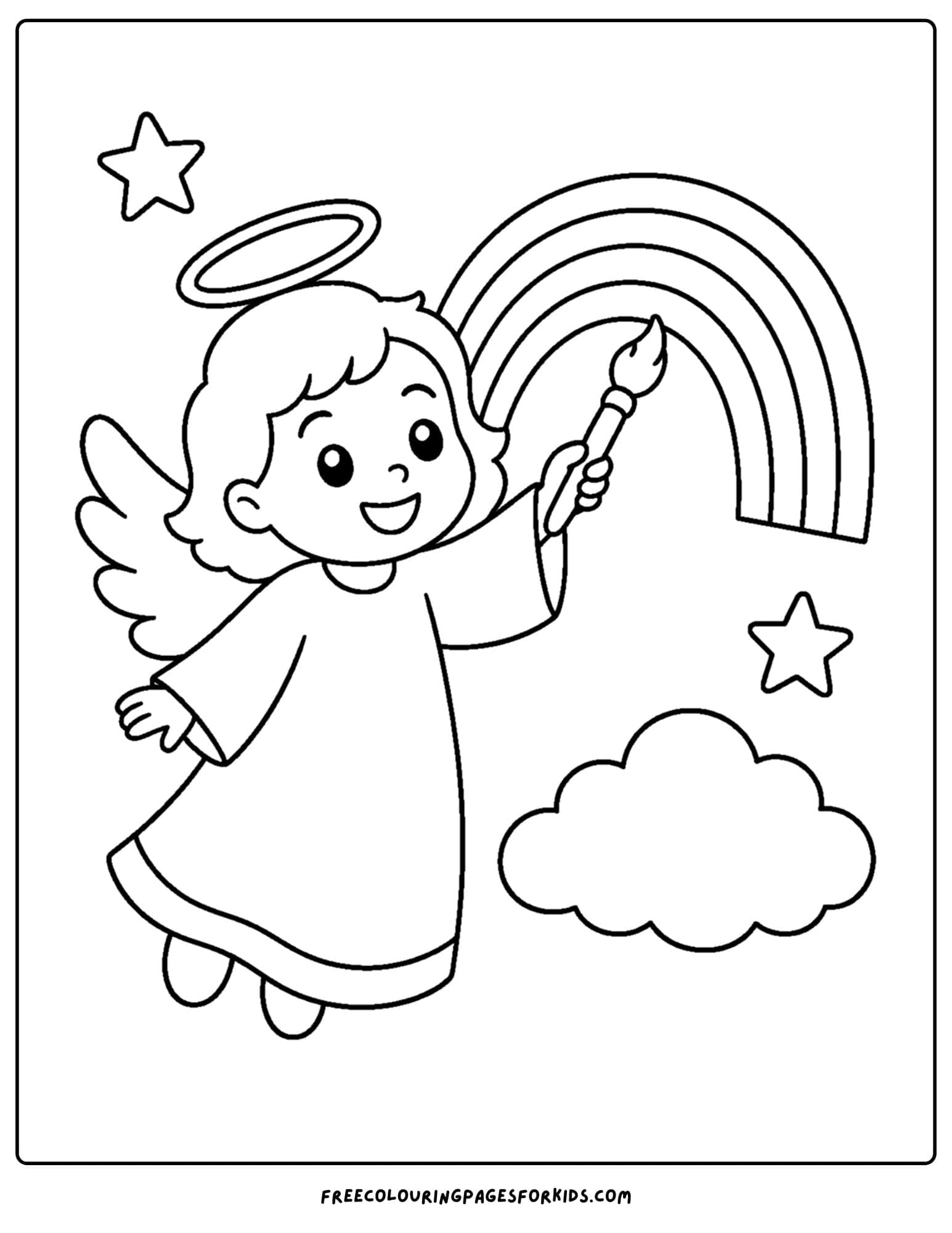 a coloring page of an angel painting a rainbow