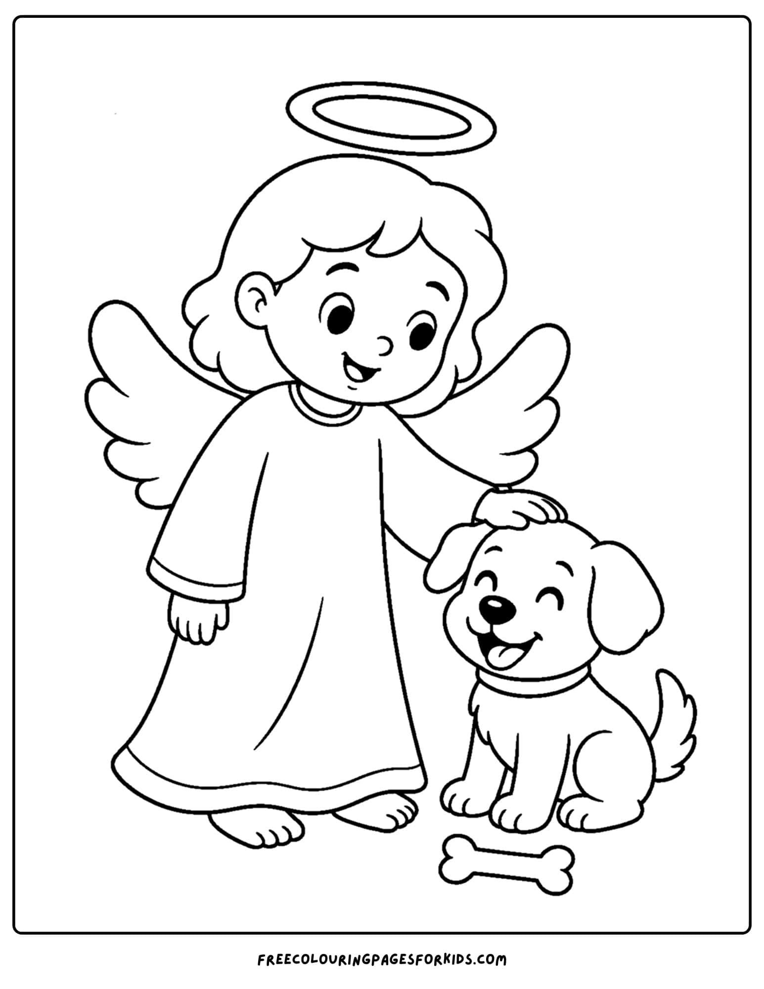 a coloring page of an angel patting a puppy