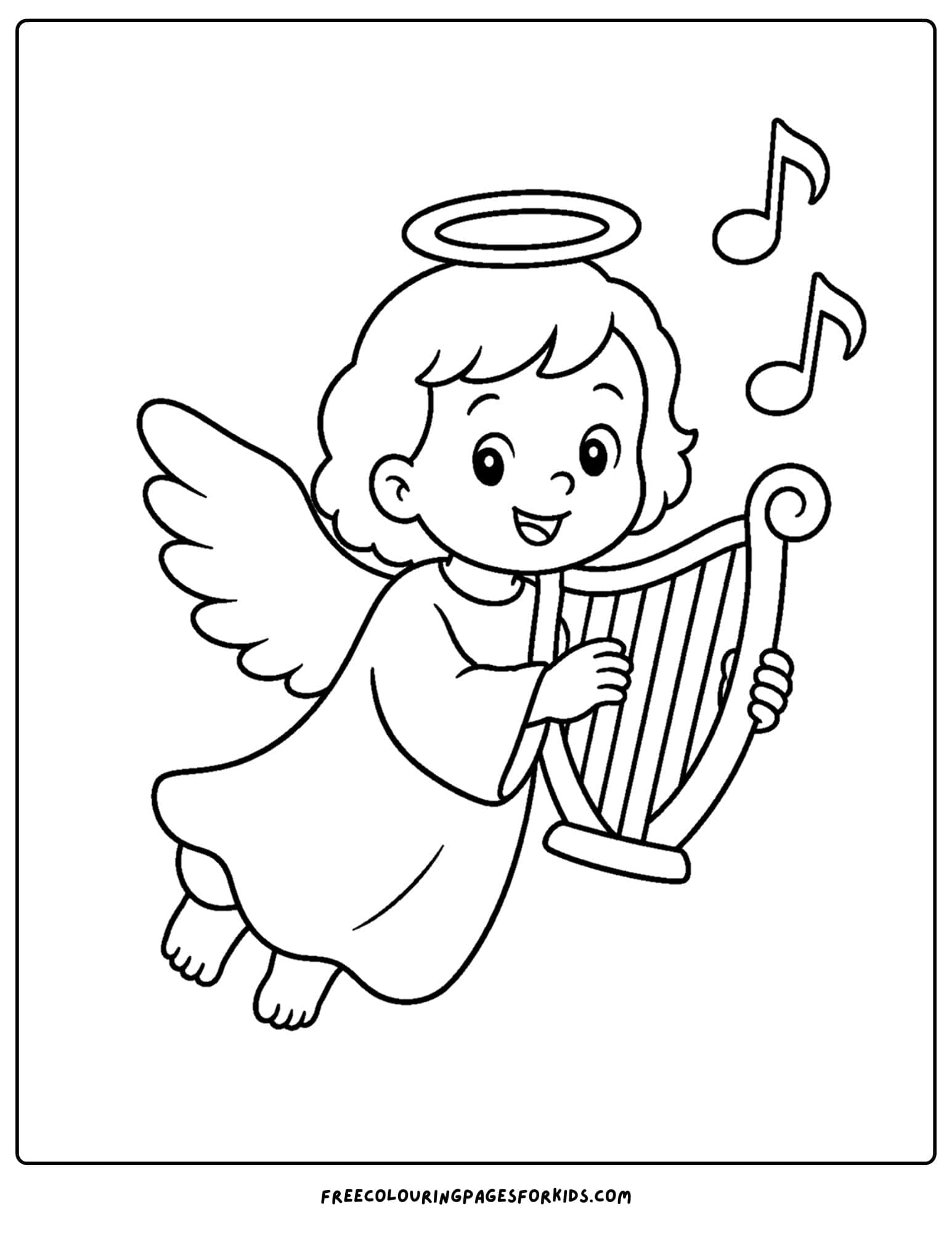 a coloring page of an angel playing a harp